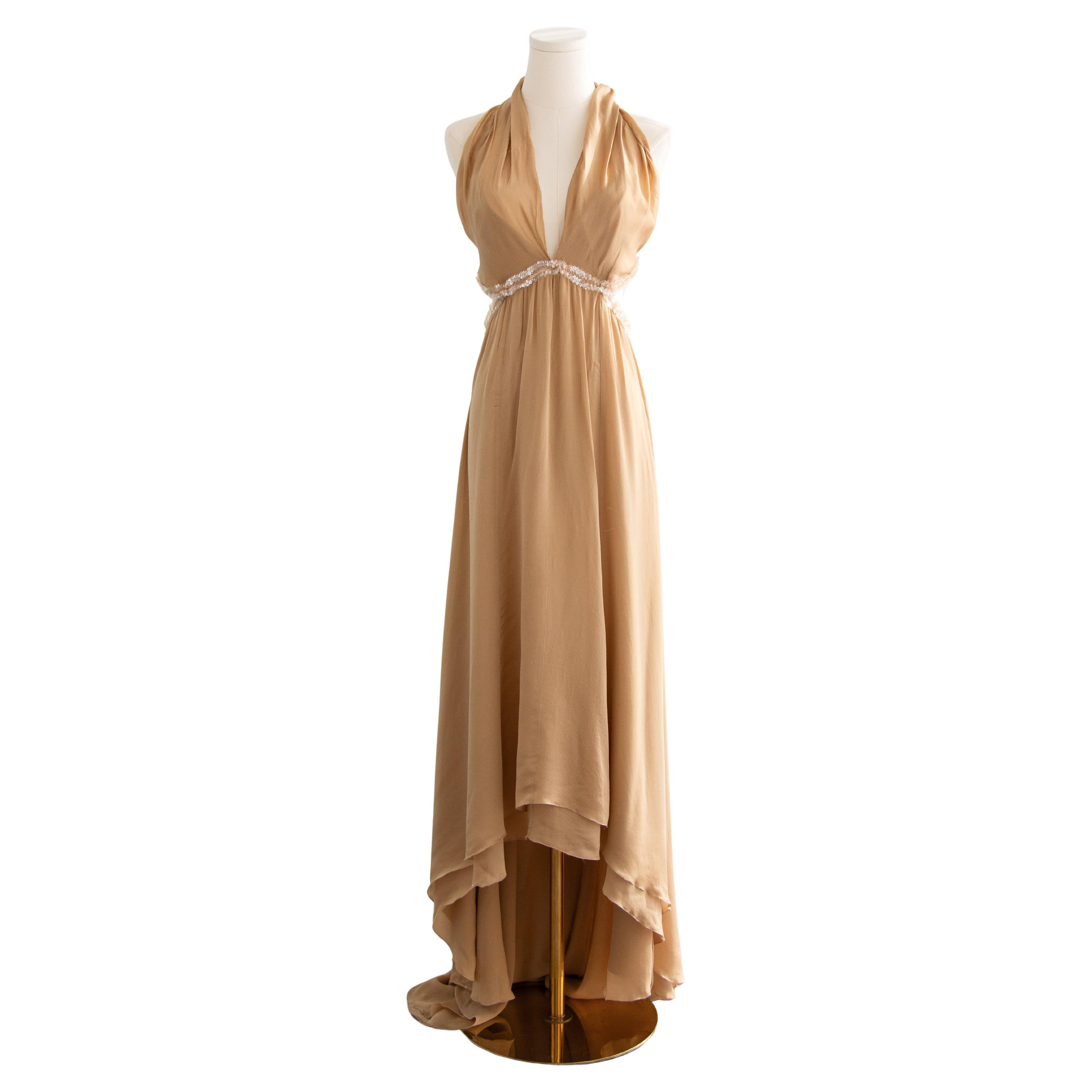 Chanel Vintage S/S 2003 Vestido de noche 03P Diosa Adornado con lentejuelas de seda beige