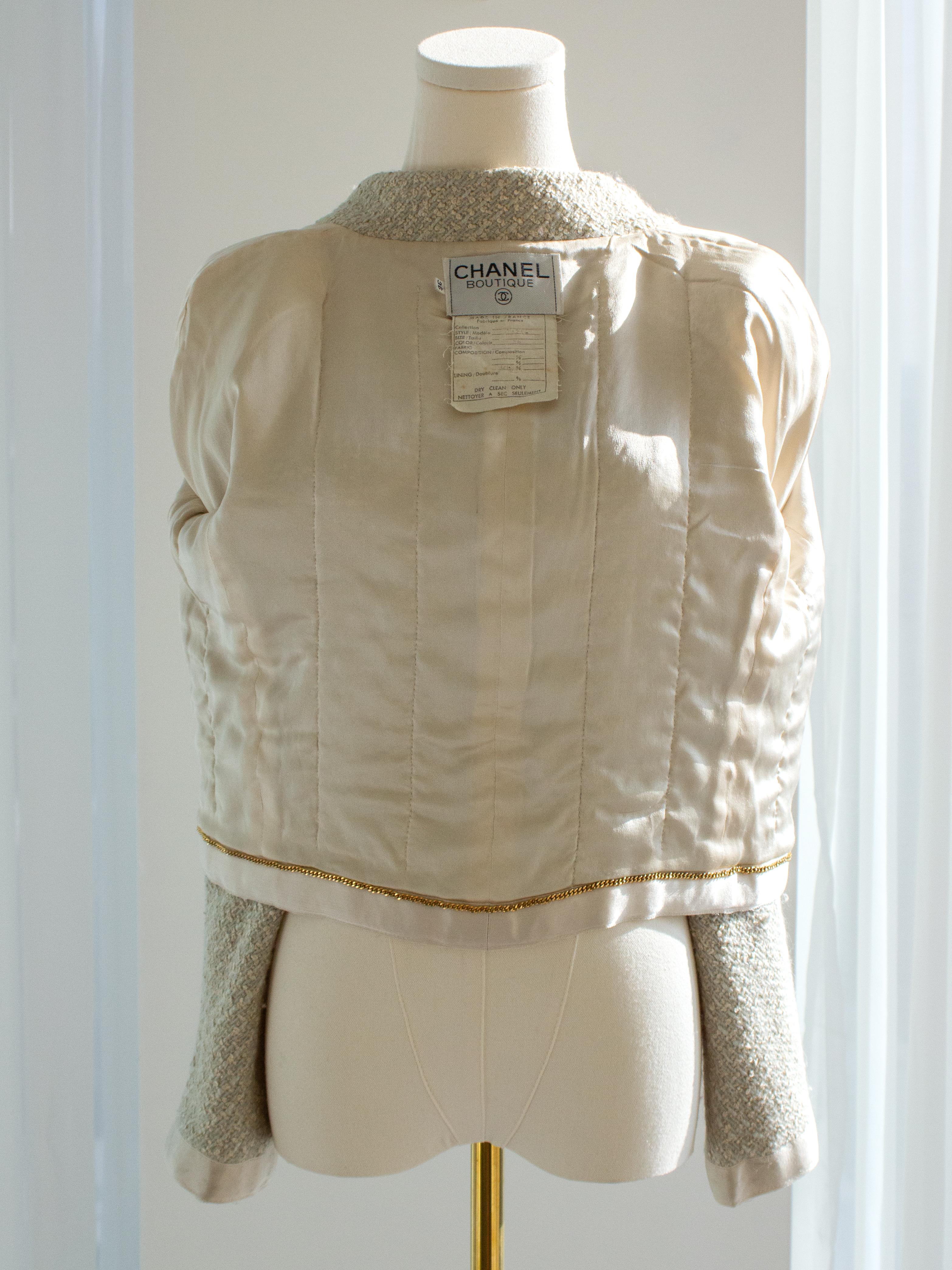 Chanel Vintage S/S1990 Seafood Green Cream Satin Bow Tweed Cropped Jacket For Sale 10