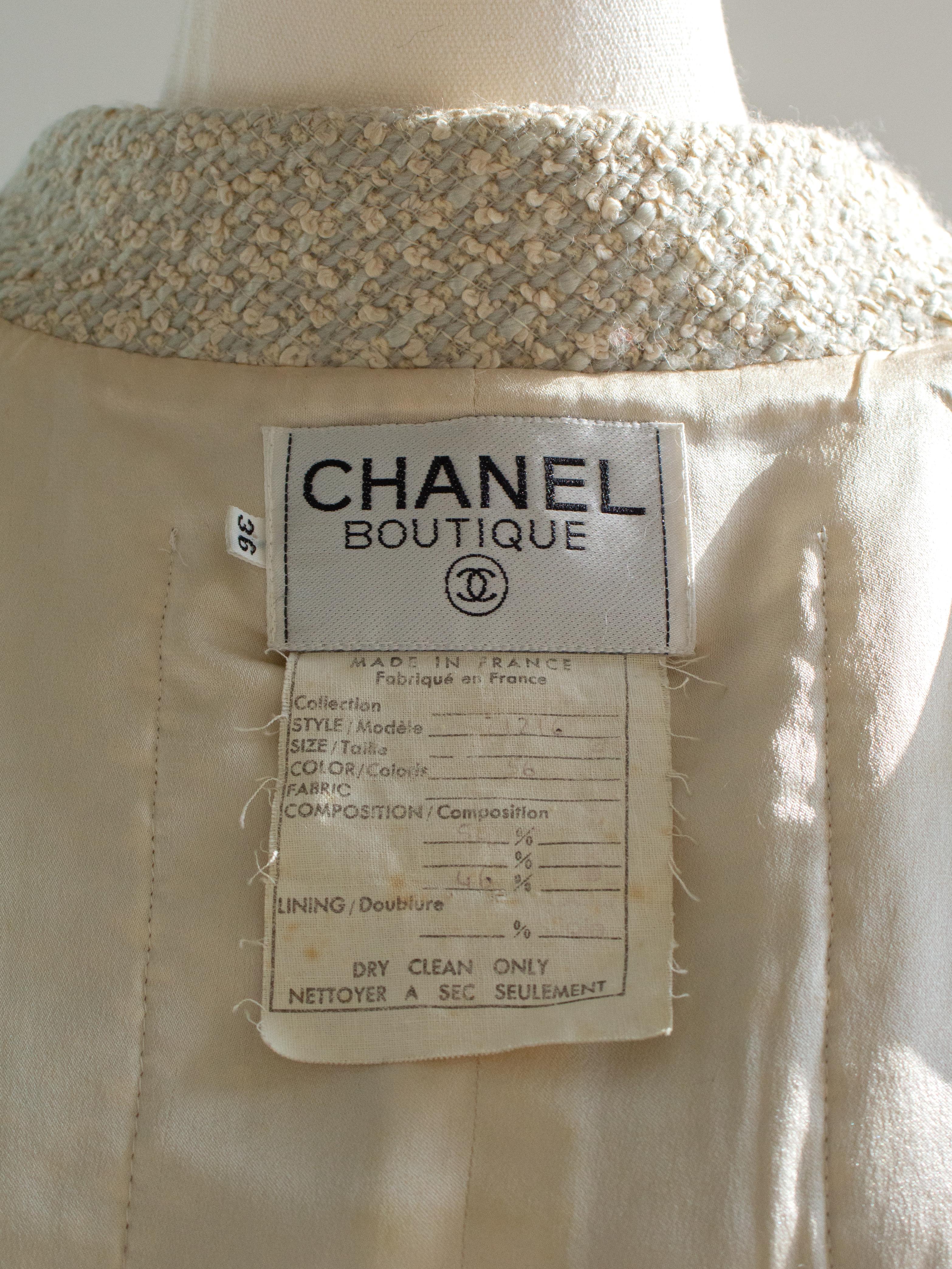 Chanel Vintage S/S1990 Seafood Green Cream Satin Bow Tweed Cropped Jacket For Sale 11