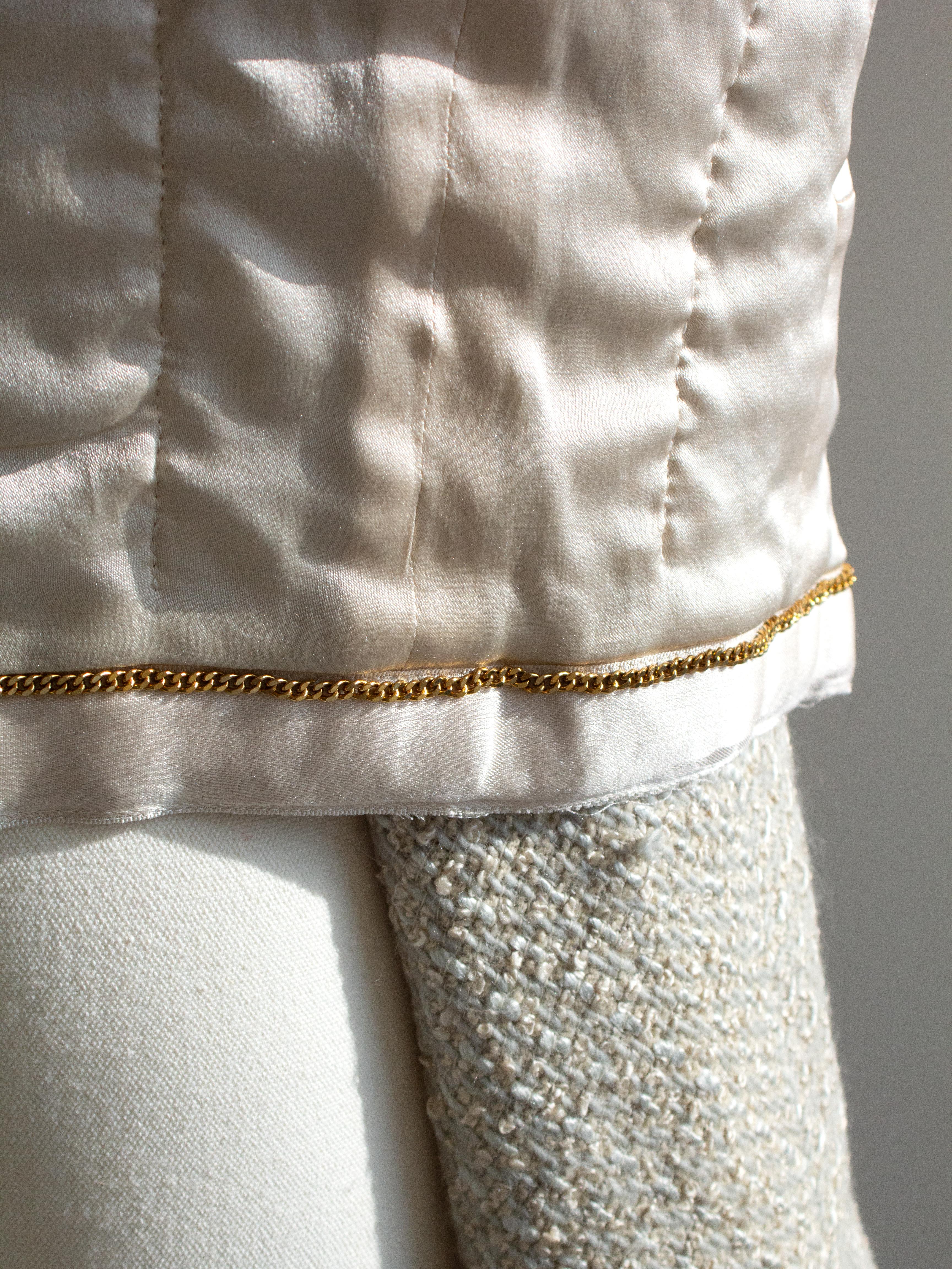 Chanel Vintage S/S1990 Seafood Green Cream Satin Bow Tweed Cropped Jacket For Sale 12