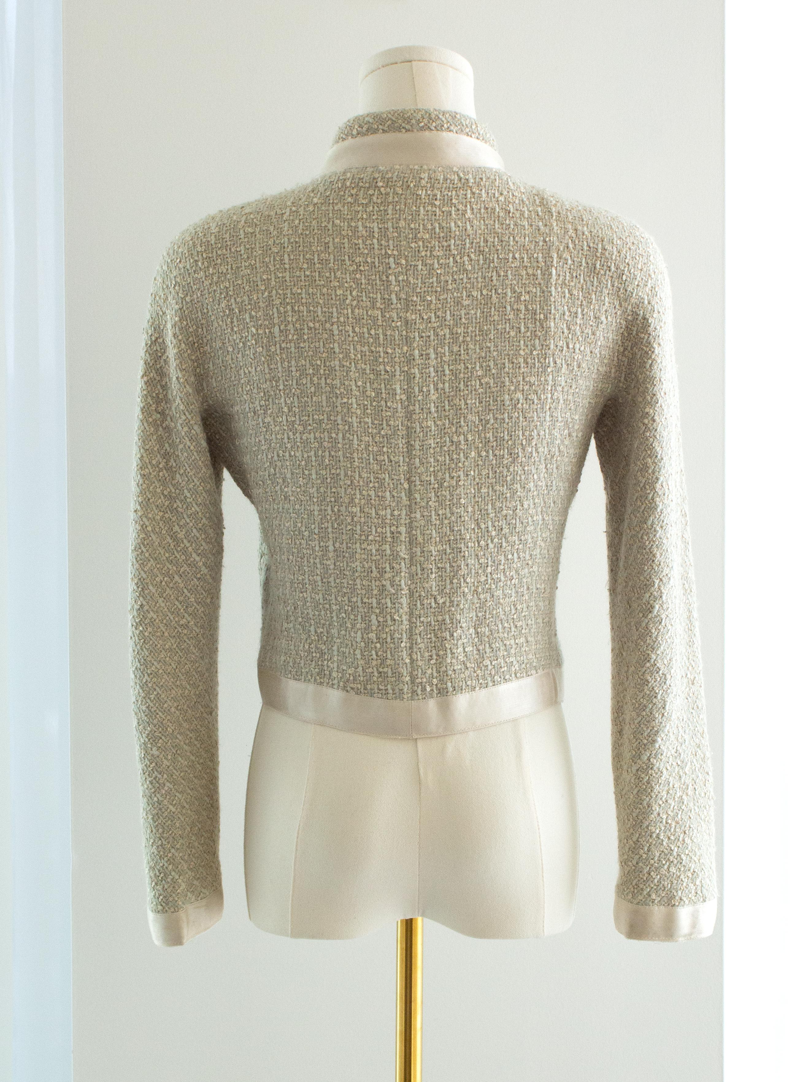 Chanel Vintage S/S1990 Seafood Green Cream Satin Bow Tweed Cropped Jacket For Sale 2