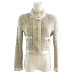 Chanel Vintage S/S1990 Seafood Green Cream Satin Bow Tweed Cropped Jacket
