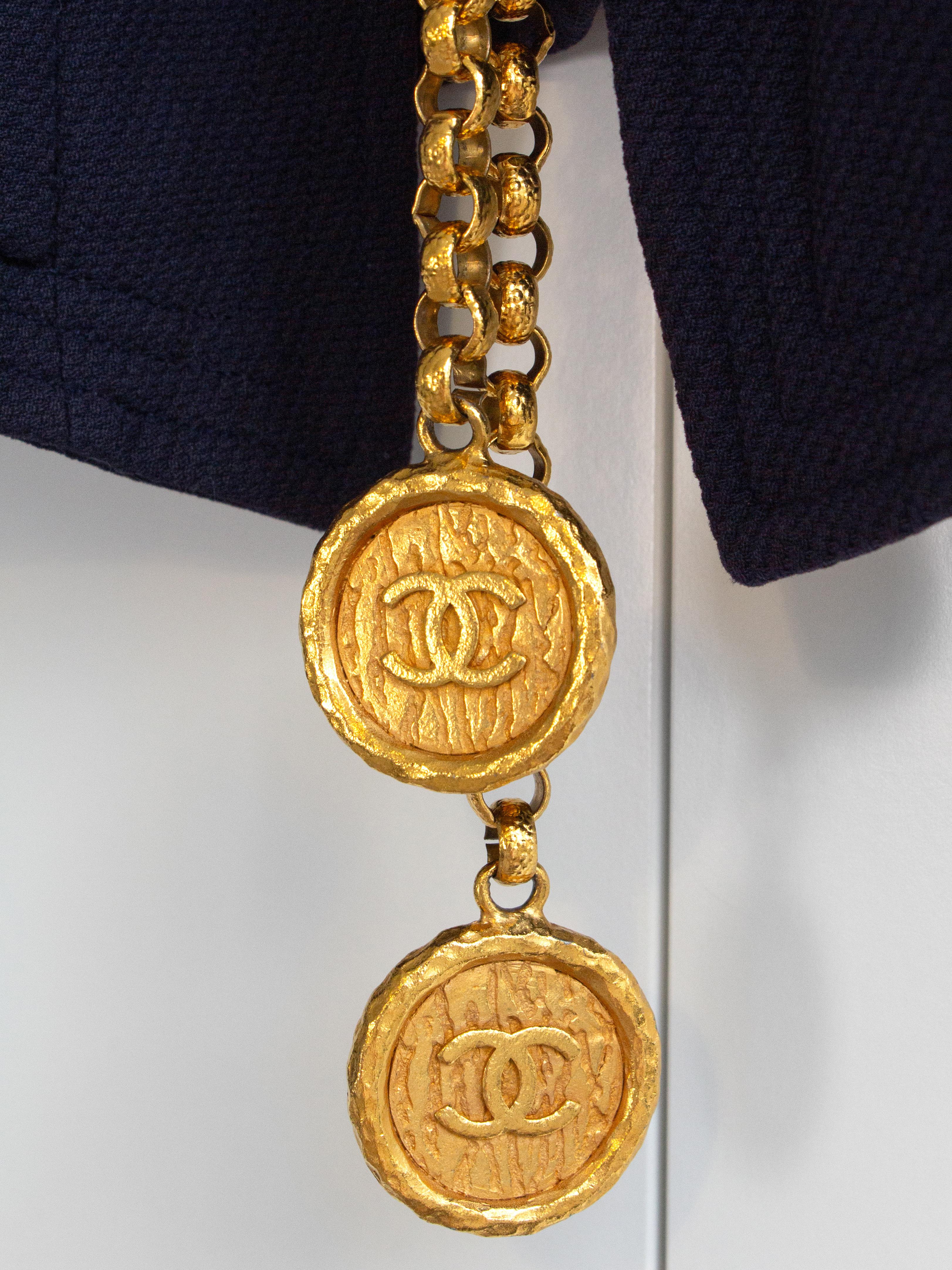Chanel Vintage S/S1993 Navy Blue Cotton Gold Chain CC Medallion 93P Jacket Suit 5