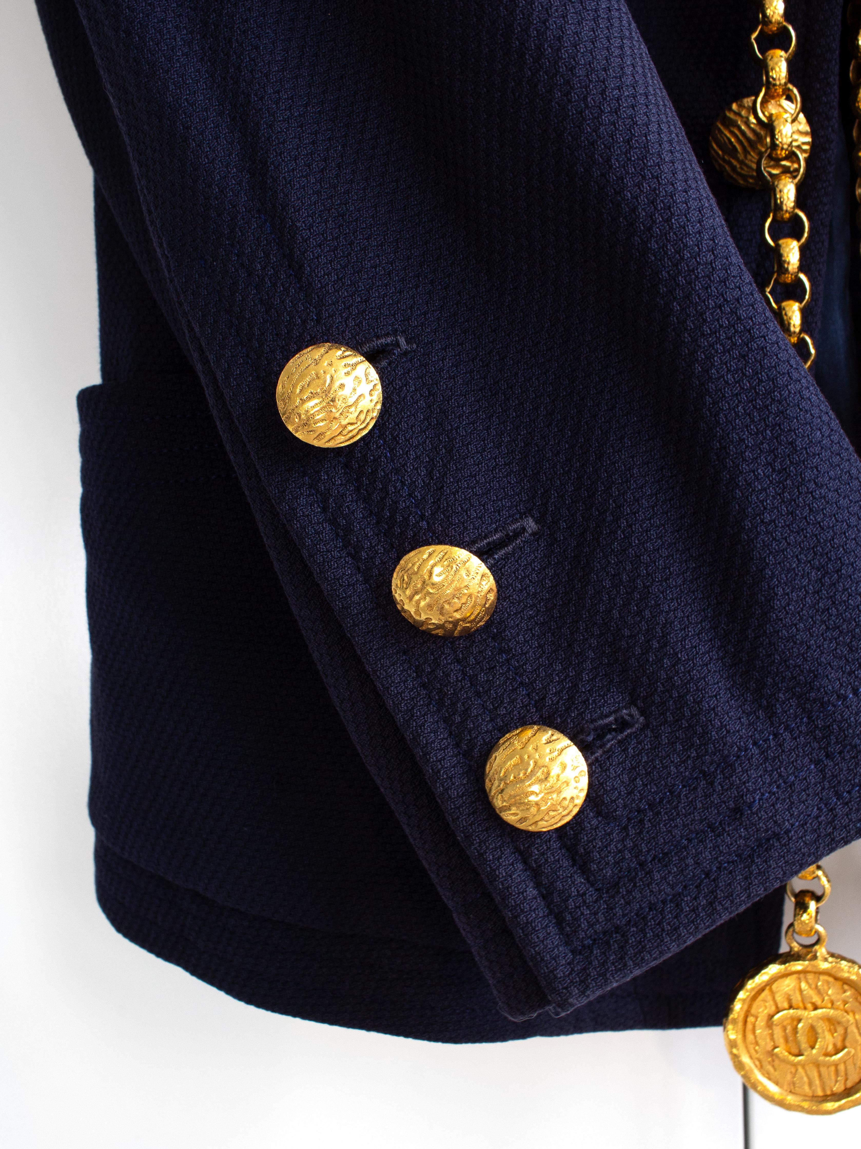 Chanel Vintage S/S1993 Navy Blue Cotton Gold Chain CC Medallion 93P Jacket Suit 6