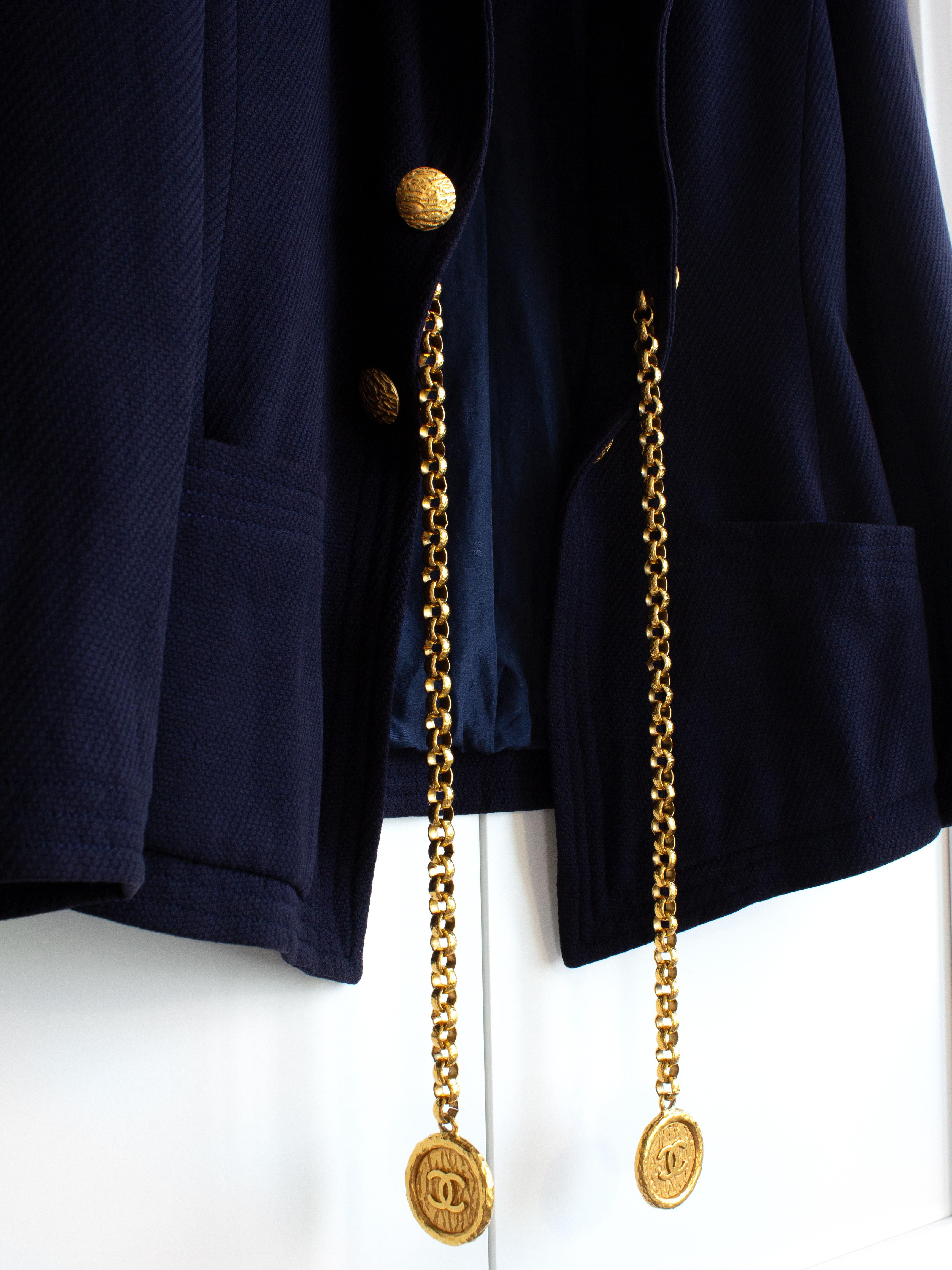 Chanel Vintage S/S1993 Navy Blue Cotton Gold Chain CC Medallion 93P Jacket Suit 7