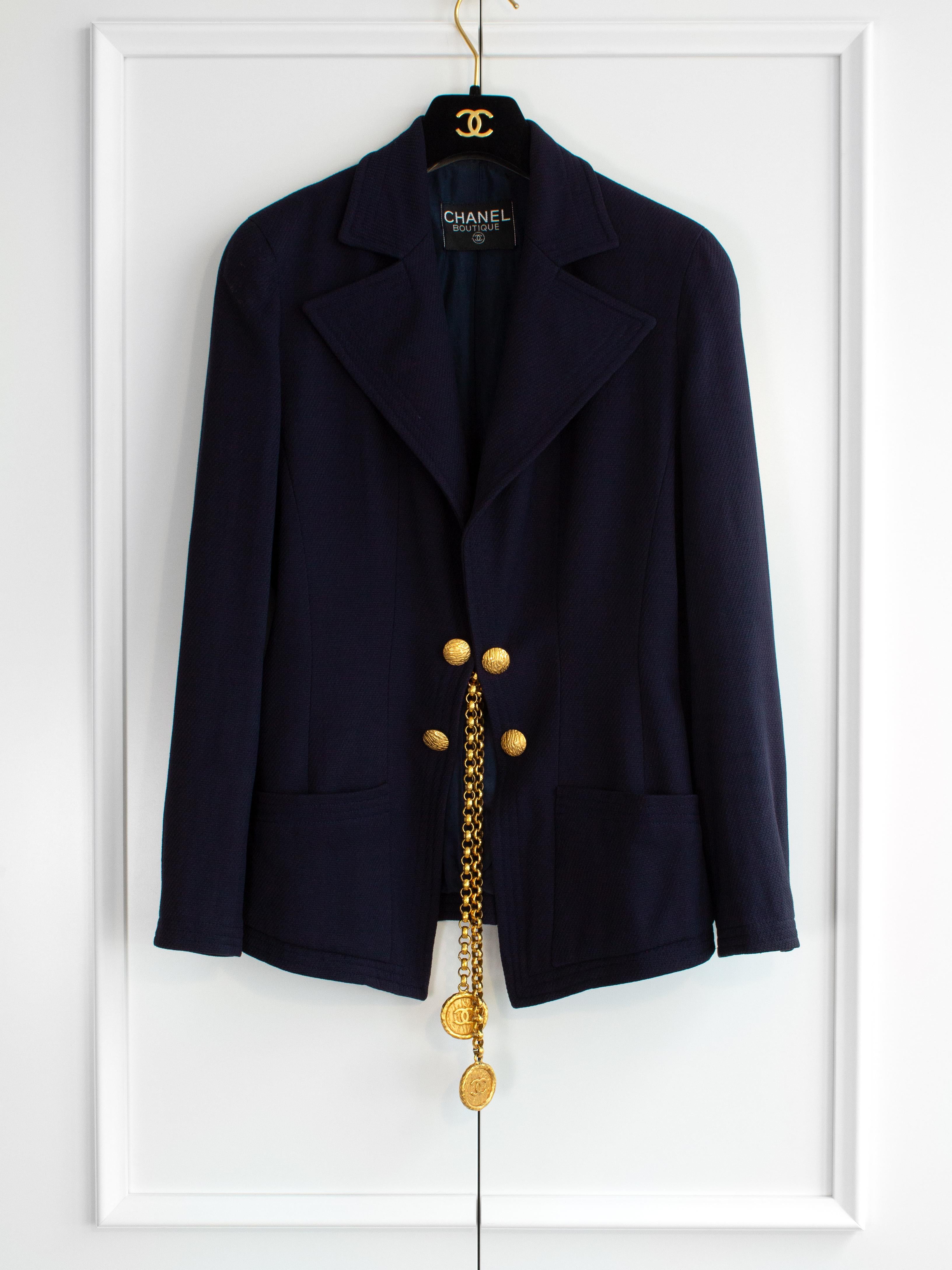 Chanel Vintage S/S1993 Navy Blue Cotton Gold Chain CC Medallion 93P Jacket Suit 1