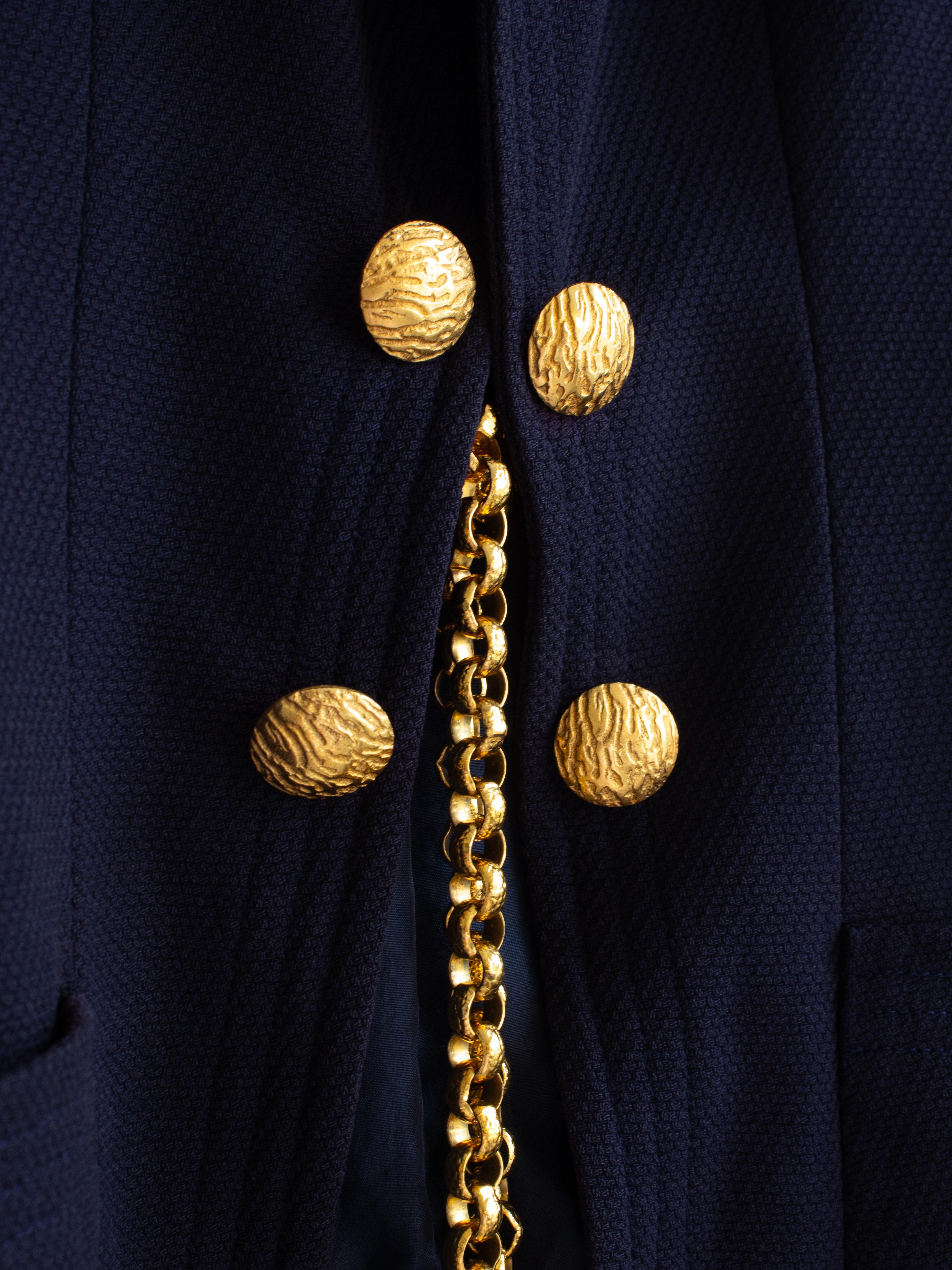Chanel Vintage S/S1993 Navy Blue Cotton Gold Chain CC Medallion 93P Jacket Suit 3