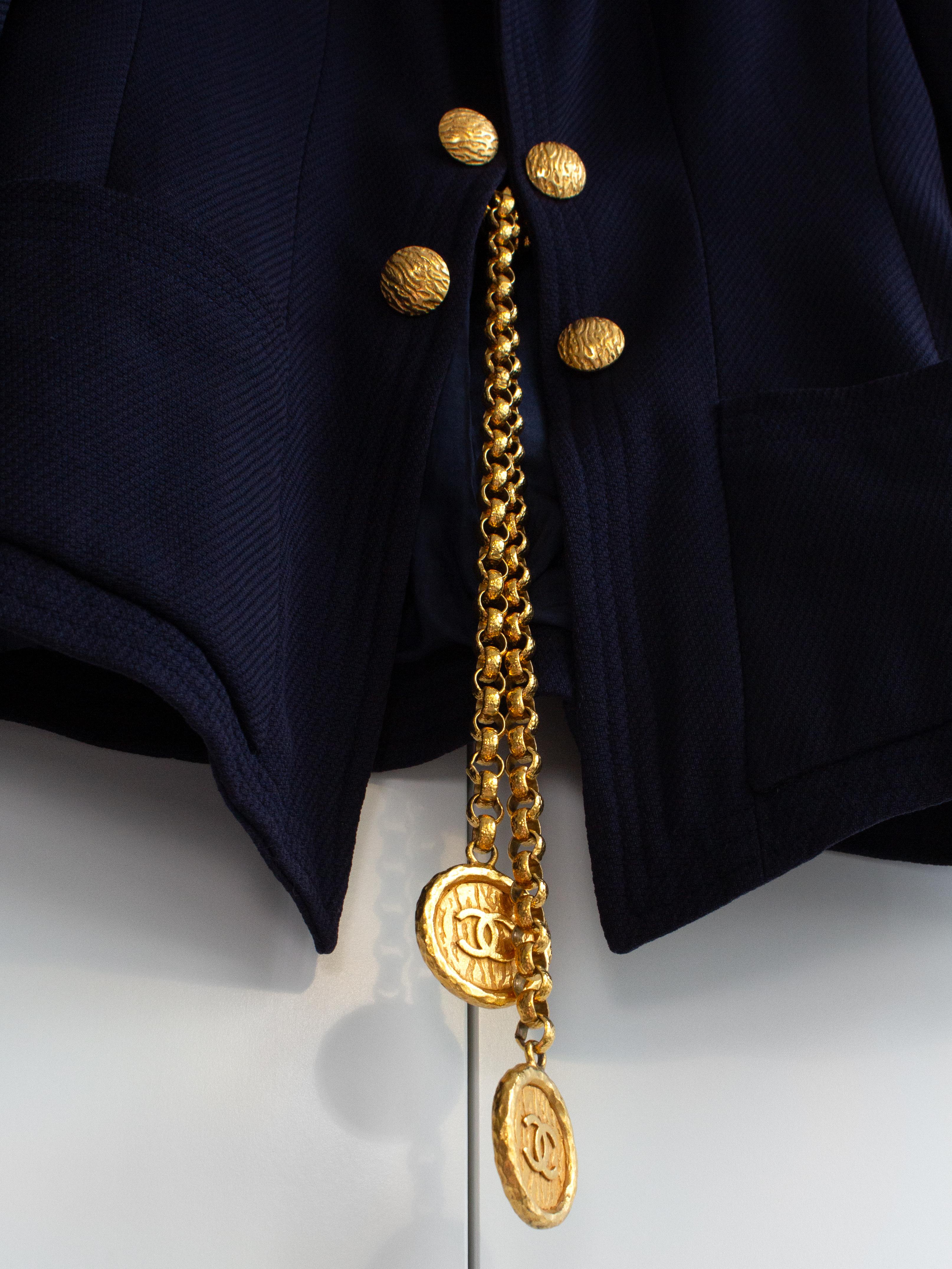Chanel Vintage S/S1993 Navy Blue Cotton Gold Chain CC Medallion 93P Jacket Suit 4
