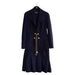 Chanel Vintage S/S1993 Navy Blue Cotton Gold Chain CC Medallion 93P Jacket Suit