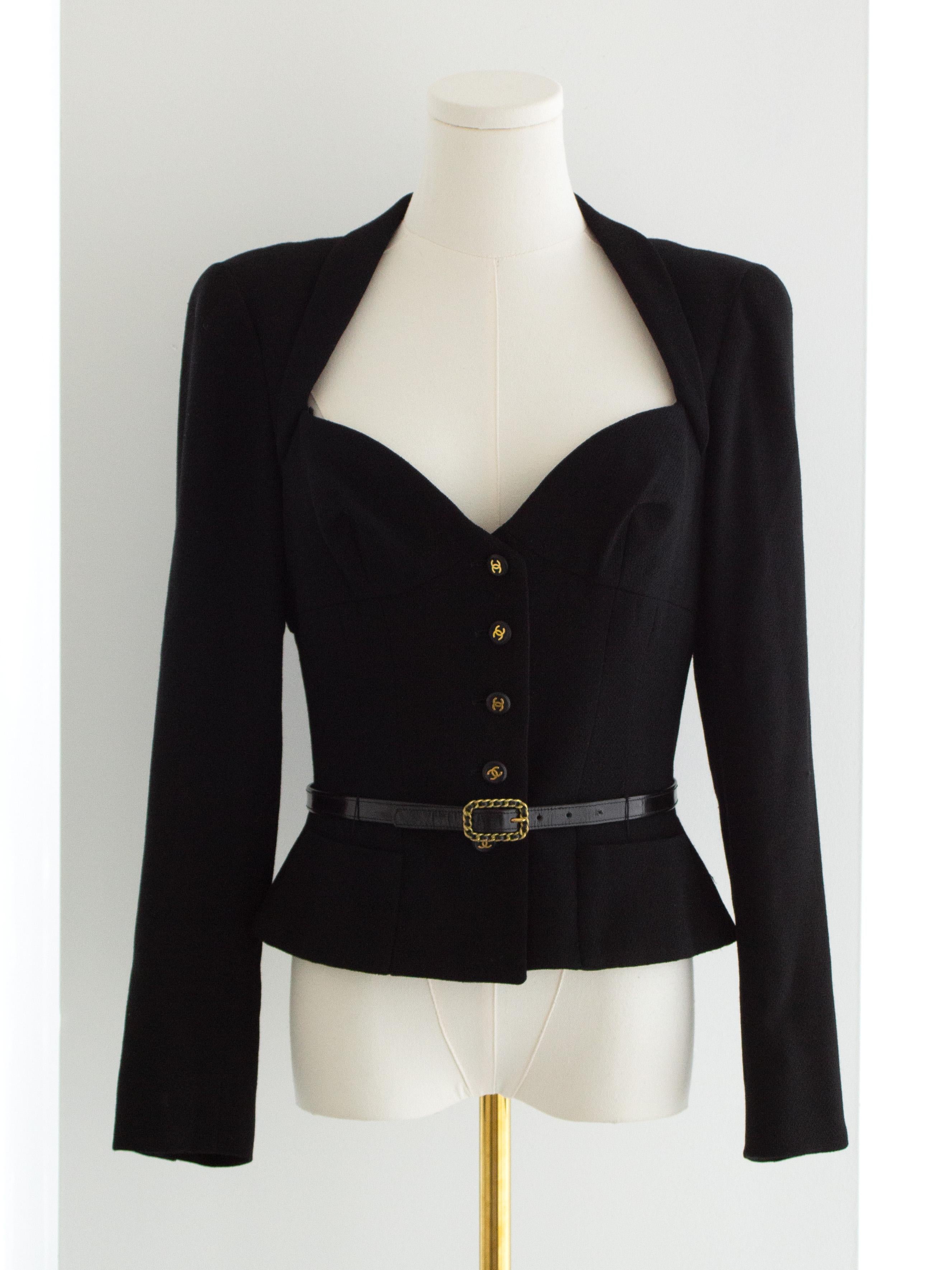 Chanel Vintage S/S1995 Barbie Black Gold CC Sweetheart Cropped 95P Belted Jacket For Sale 1