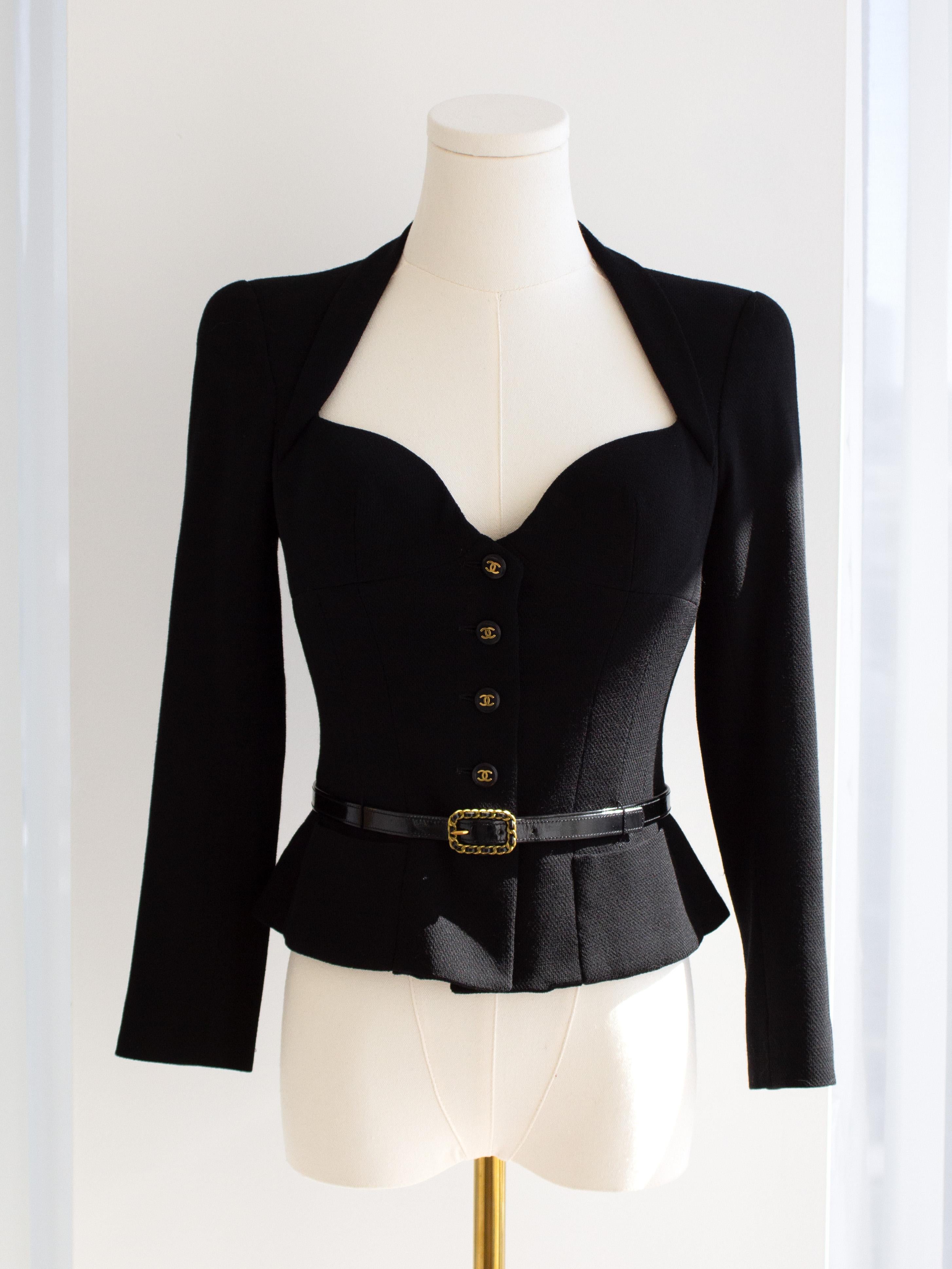 Chanel Vintage S/S1995 Barbie Black Gold CC Sweetheart Cropped 95P Belted Jacket 2