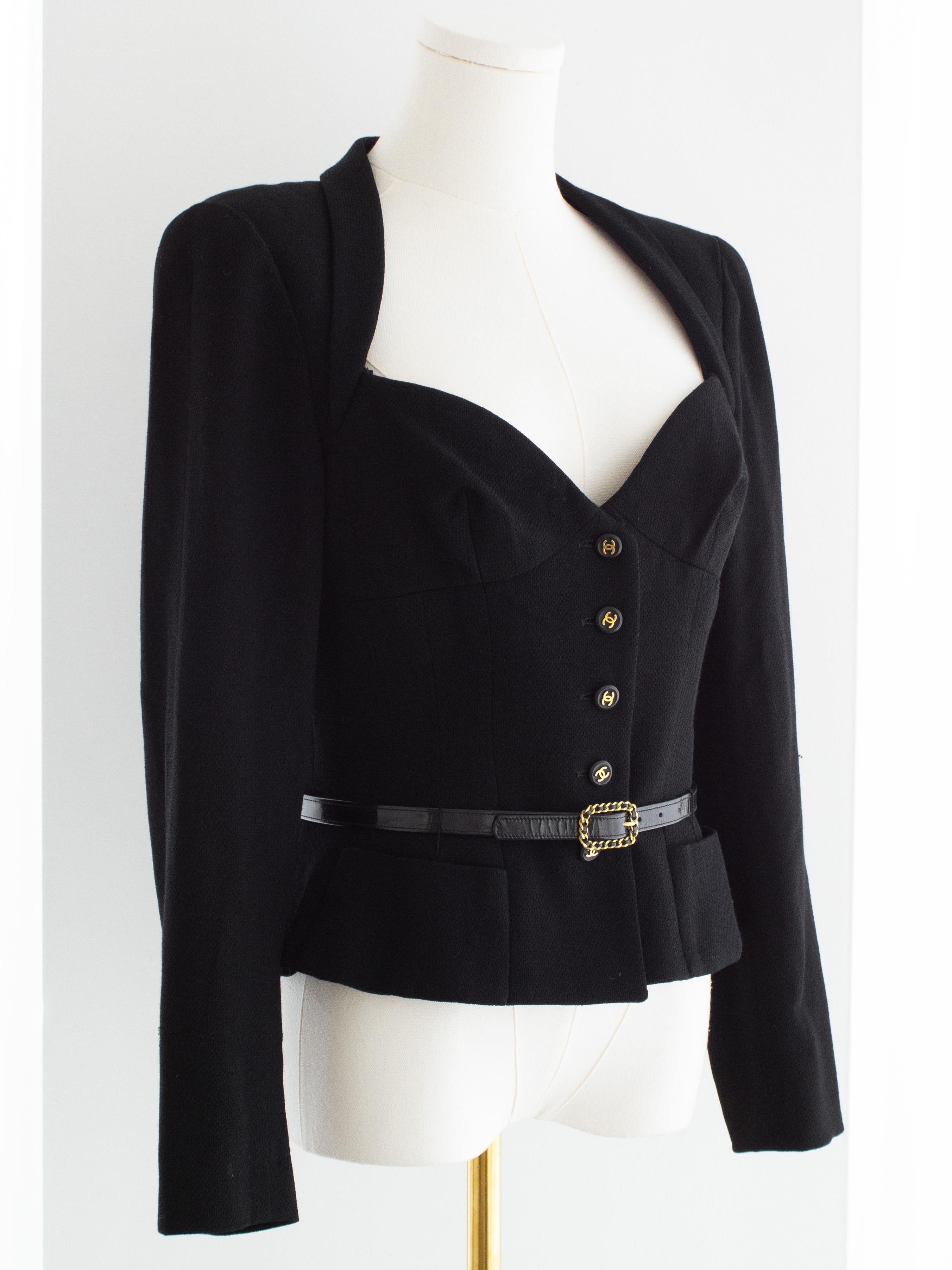 Chanel Vintage S/S1995 Barbie Black Gold CC Sweetheart Cropped 95P Belted Jacket For Sale 3