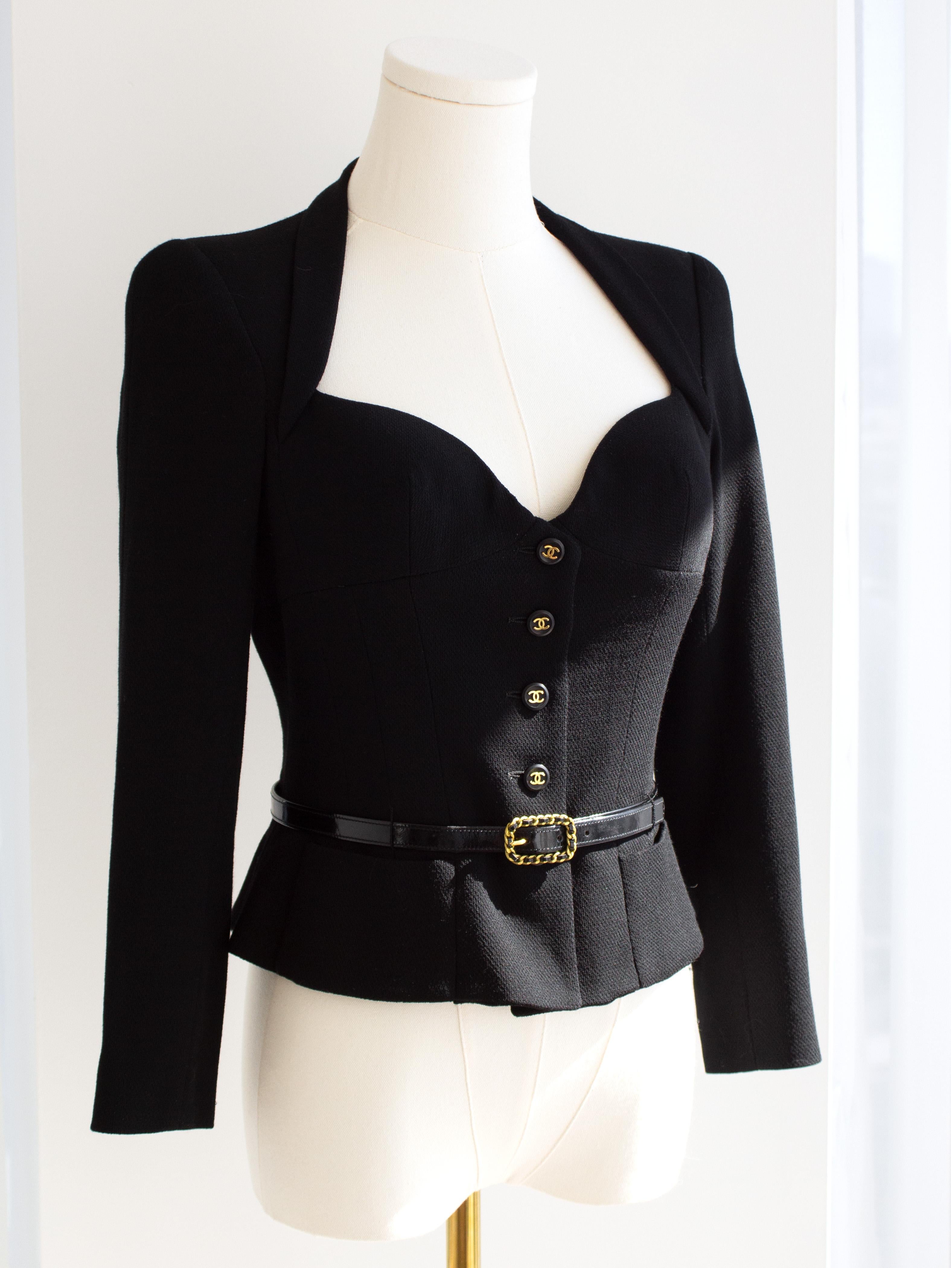 Chanel Vintage S/S1995 Barbie Black Gold CC Sweetheart Cropped 95P Belted Jacket 4