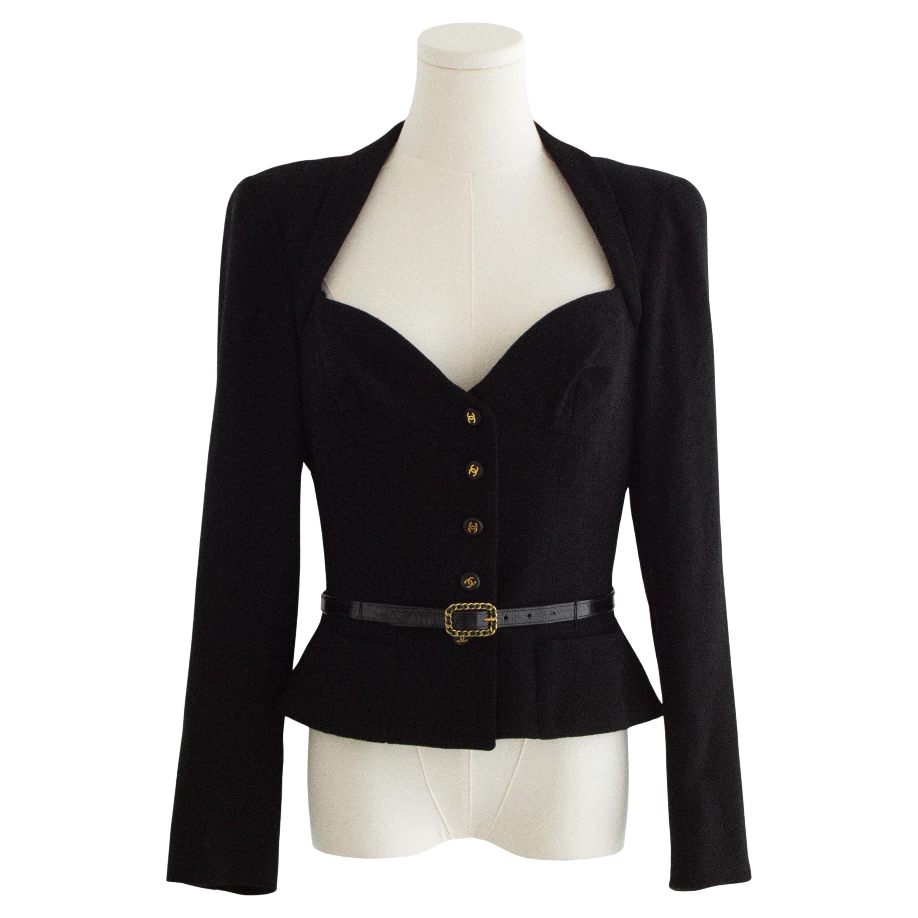 Chanel Vintage S/S1995 Barbie Black Gold CC Sweetheart Cropped 95P Belted Jacket For Sale