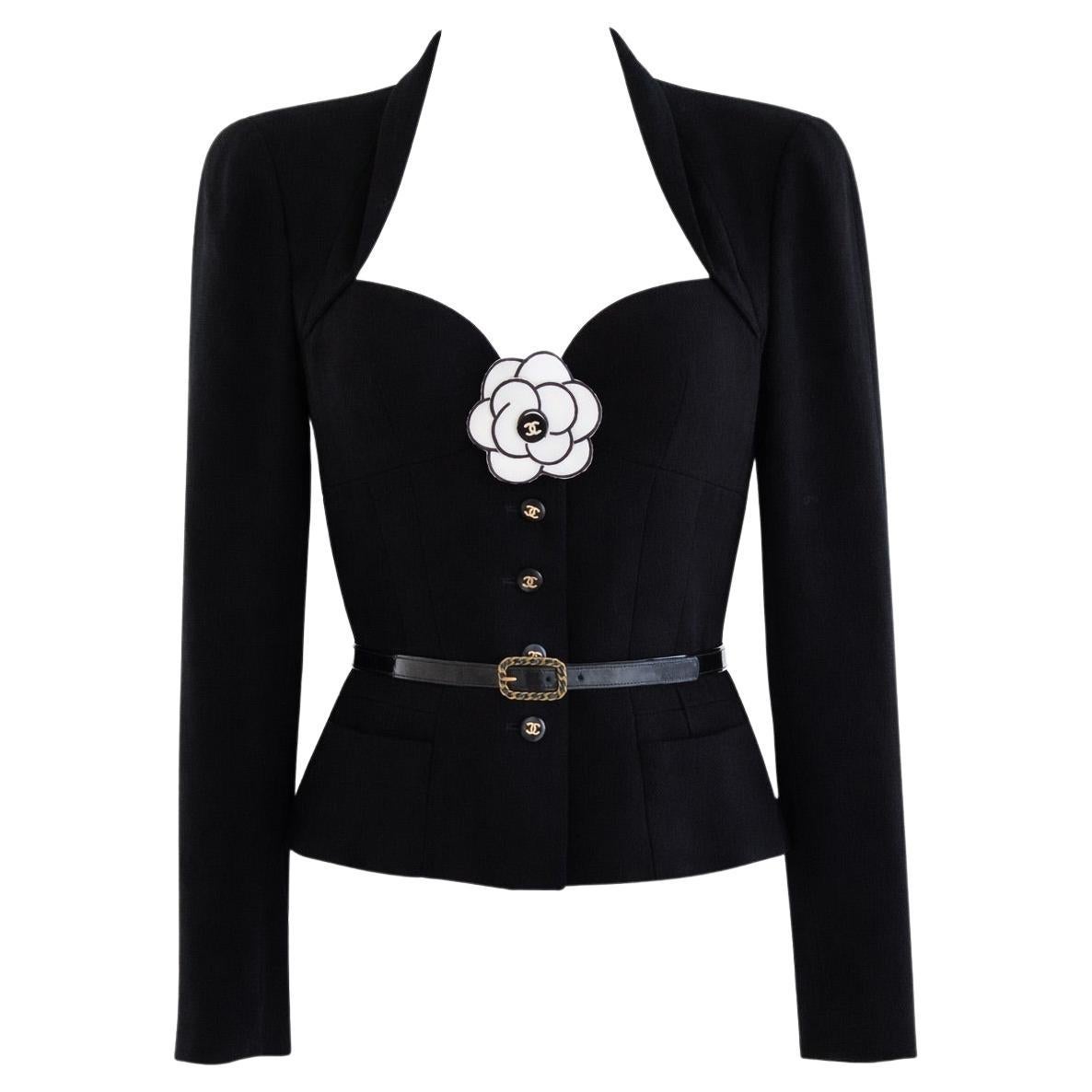 Chanel Vintage S/S1995 Barbie Black Gold CC Sweetheart Cropped 95P Belted Jacket