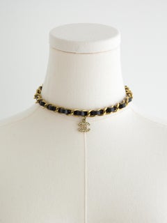 Chanel Vintage S/S1995 Barbie Black Gold Chain Leather CC 95P Choker Necklace