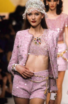 Chanel Vintage S/S1995 Barbie Pink Sequin Embellished 3pcs Jacket Top Skirt Set