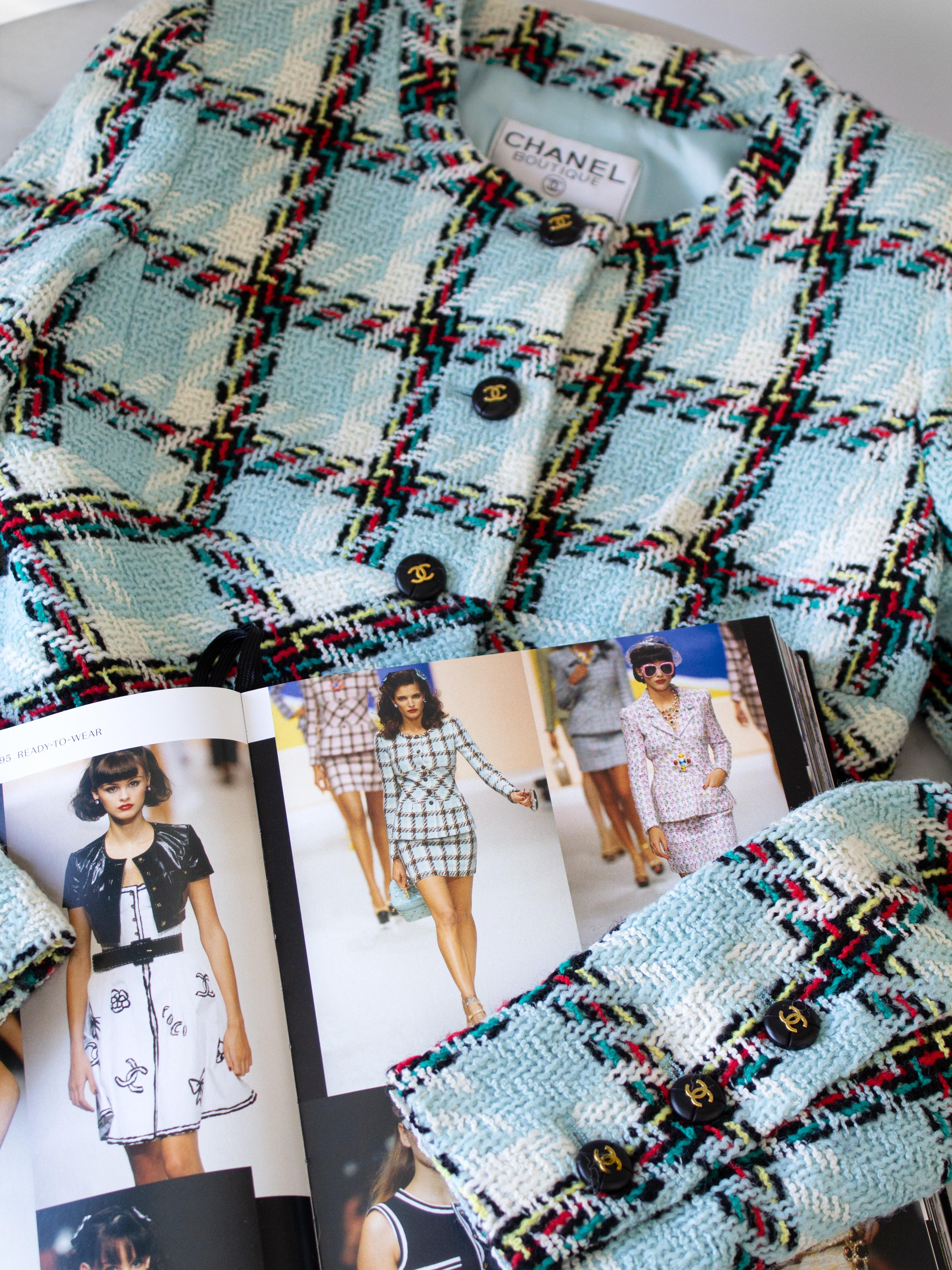 Chanel Vintage S/S1995 Blue Multicolor Plaid Barbie 95P Tweed Jacket 11