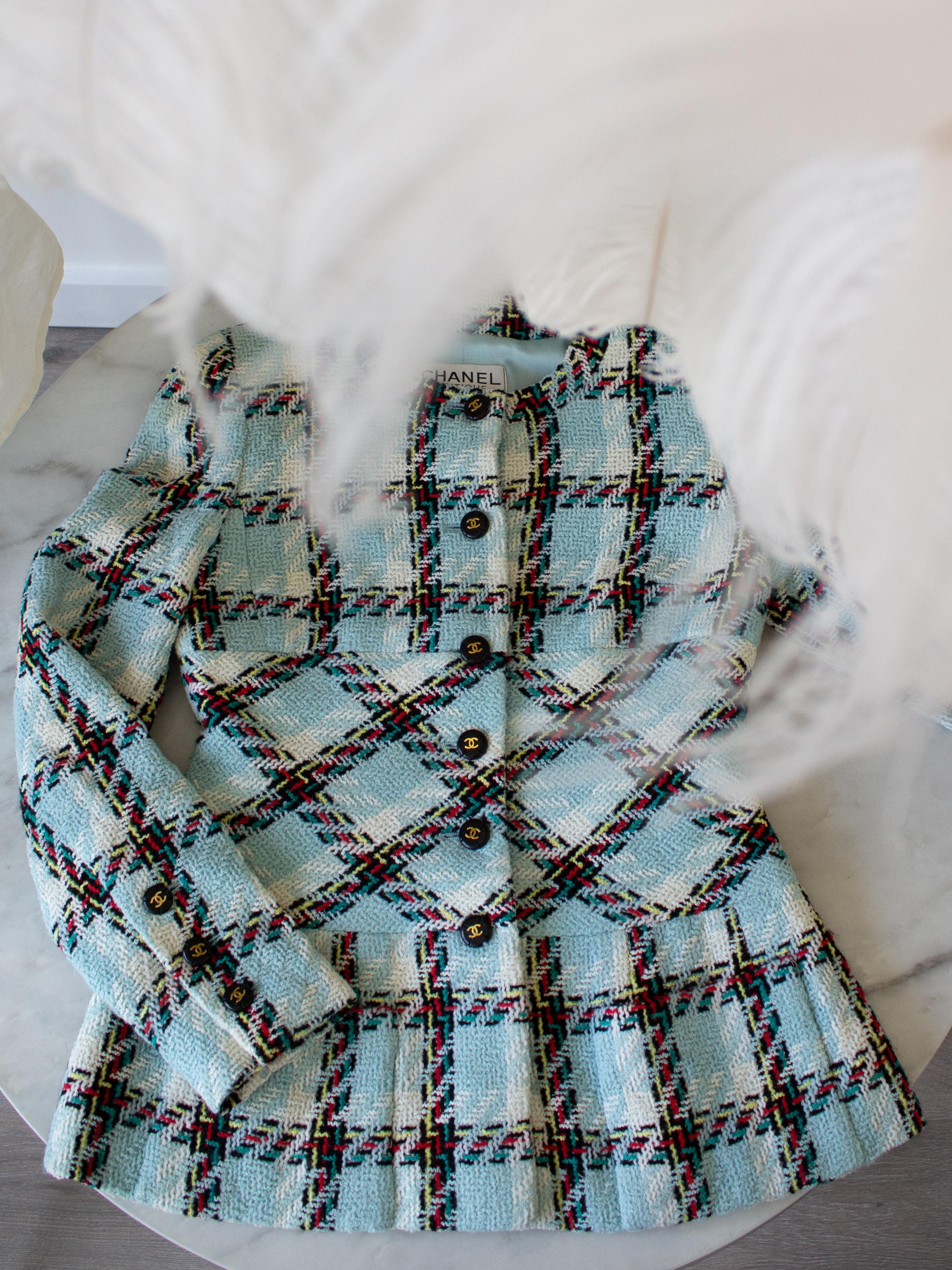 Chanel Vintage S/S1995 Blue Multicolor Plaid Barbie 95P Tweed Jacket 12