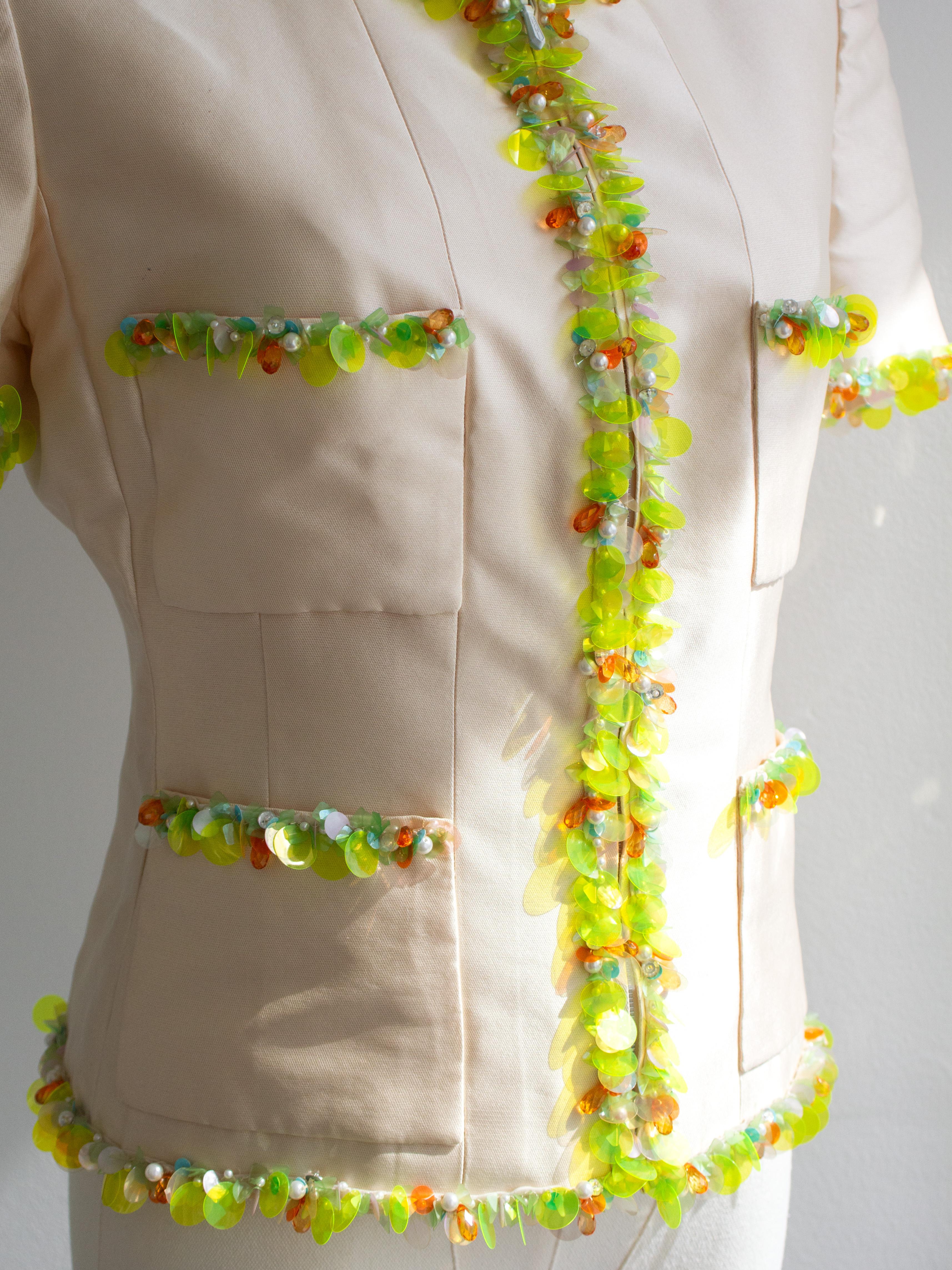 Chanel Vintage S/S1996 Ivory Shantung Silk Yellow Embellished 96P Jacket Suit 5