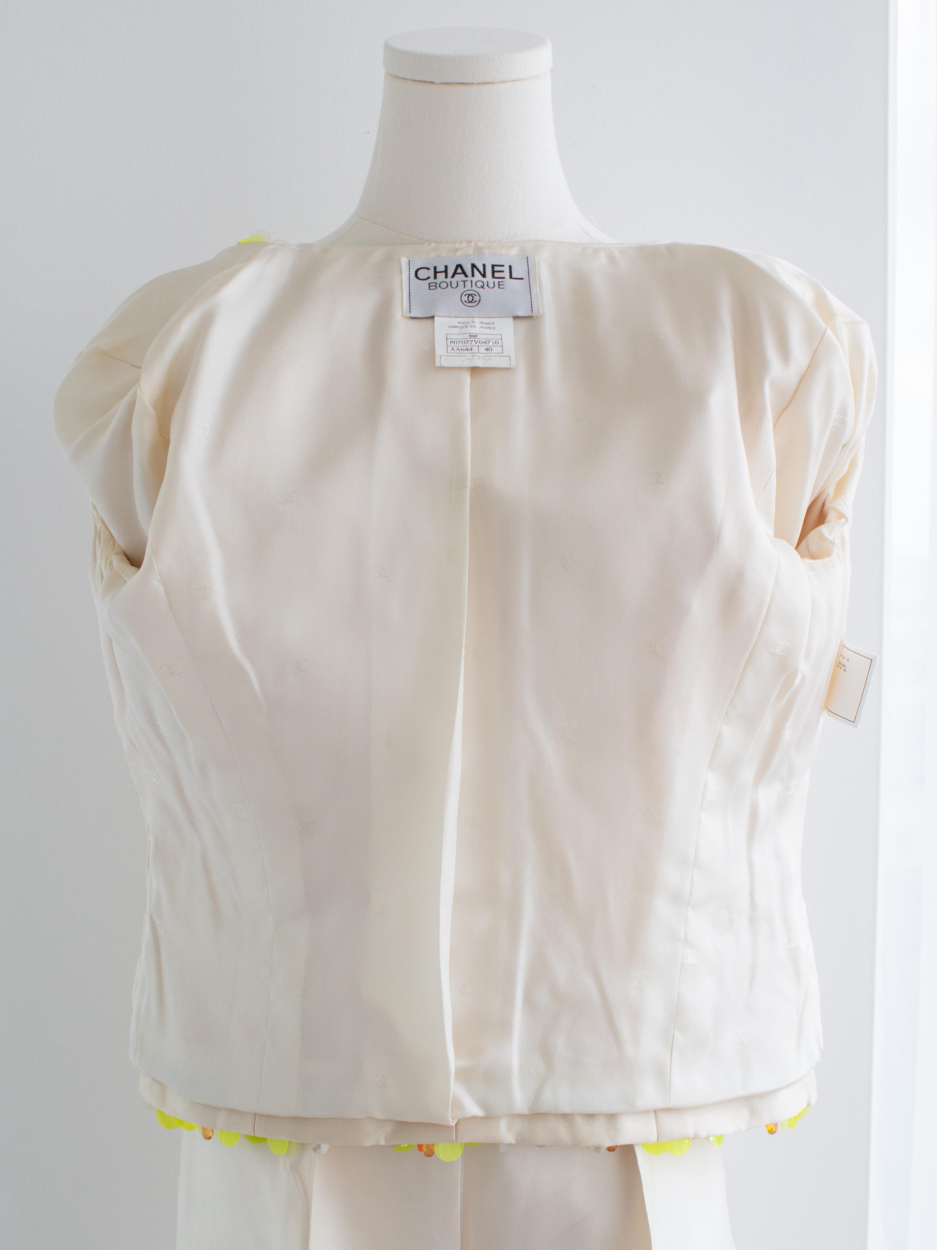 Chanel Vintage S/S1996 Ivory Shantung Silk Yellow Embellished 96P Jacket Suit 10