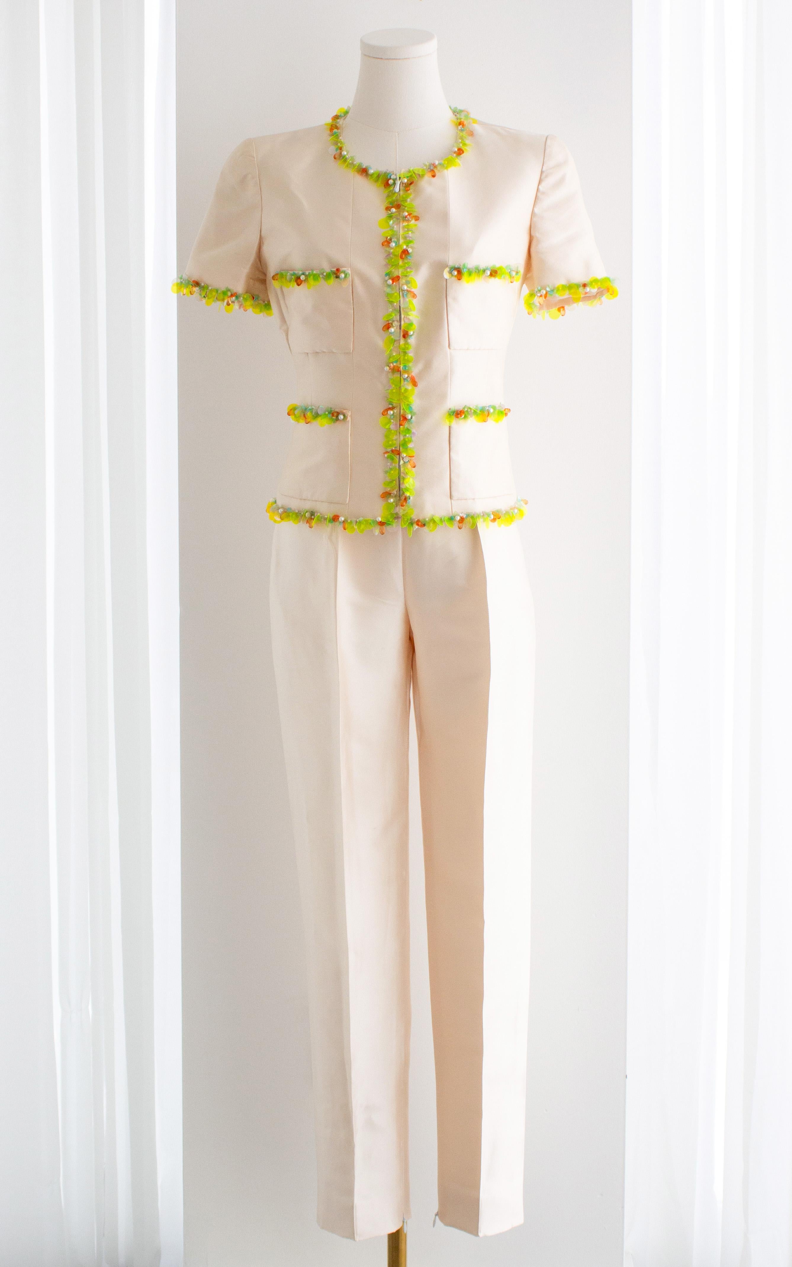 Chanel Vintage S/S1996 Ivory Shantung Silk Yellow Embellished 96P Jacket Suit 1