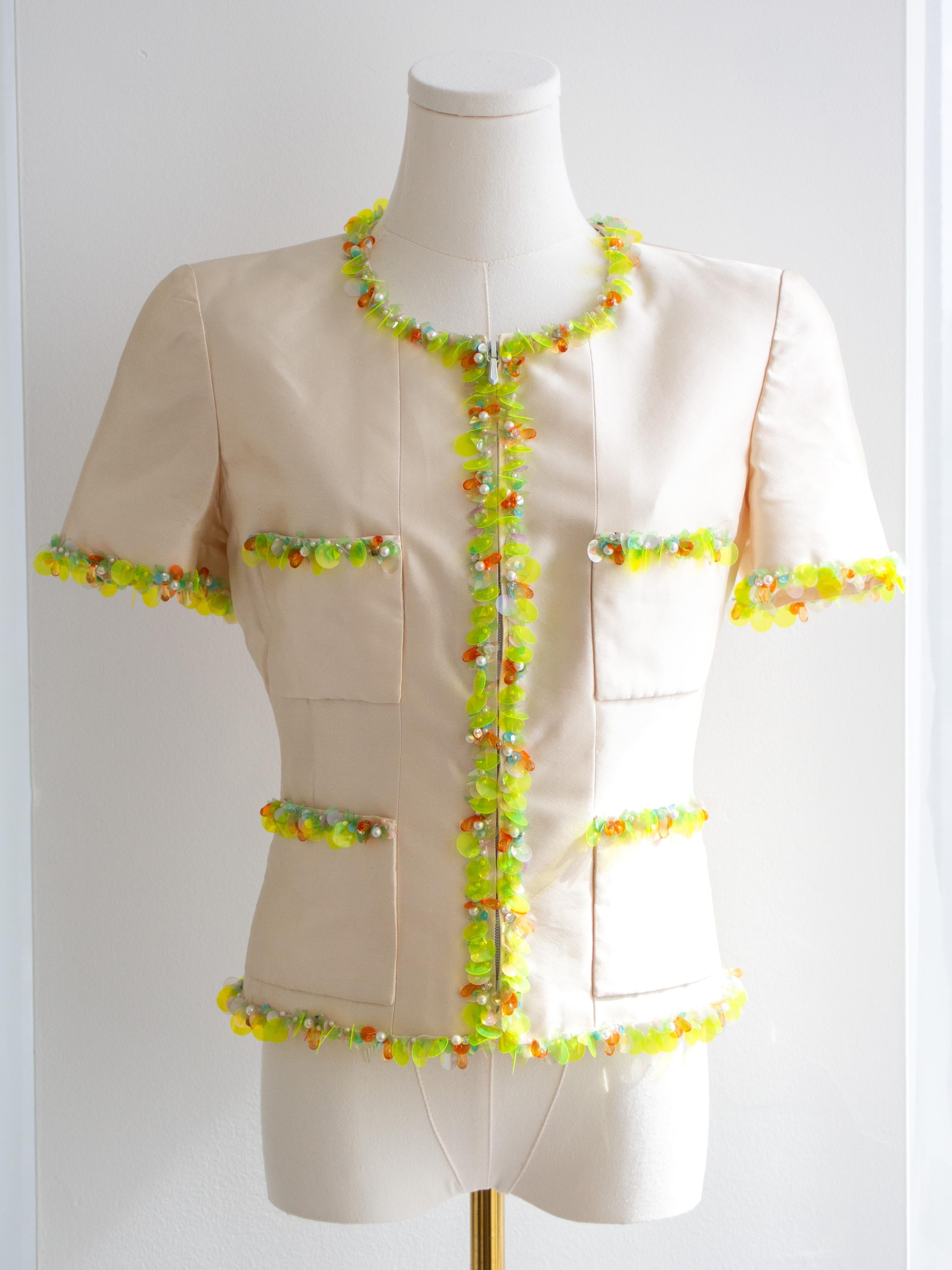 Chanel Vintage S/S1996 Ivory Shantung Silk Yellow Embellished 96P Jacket Suit 3