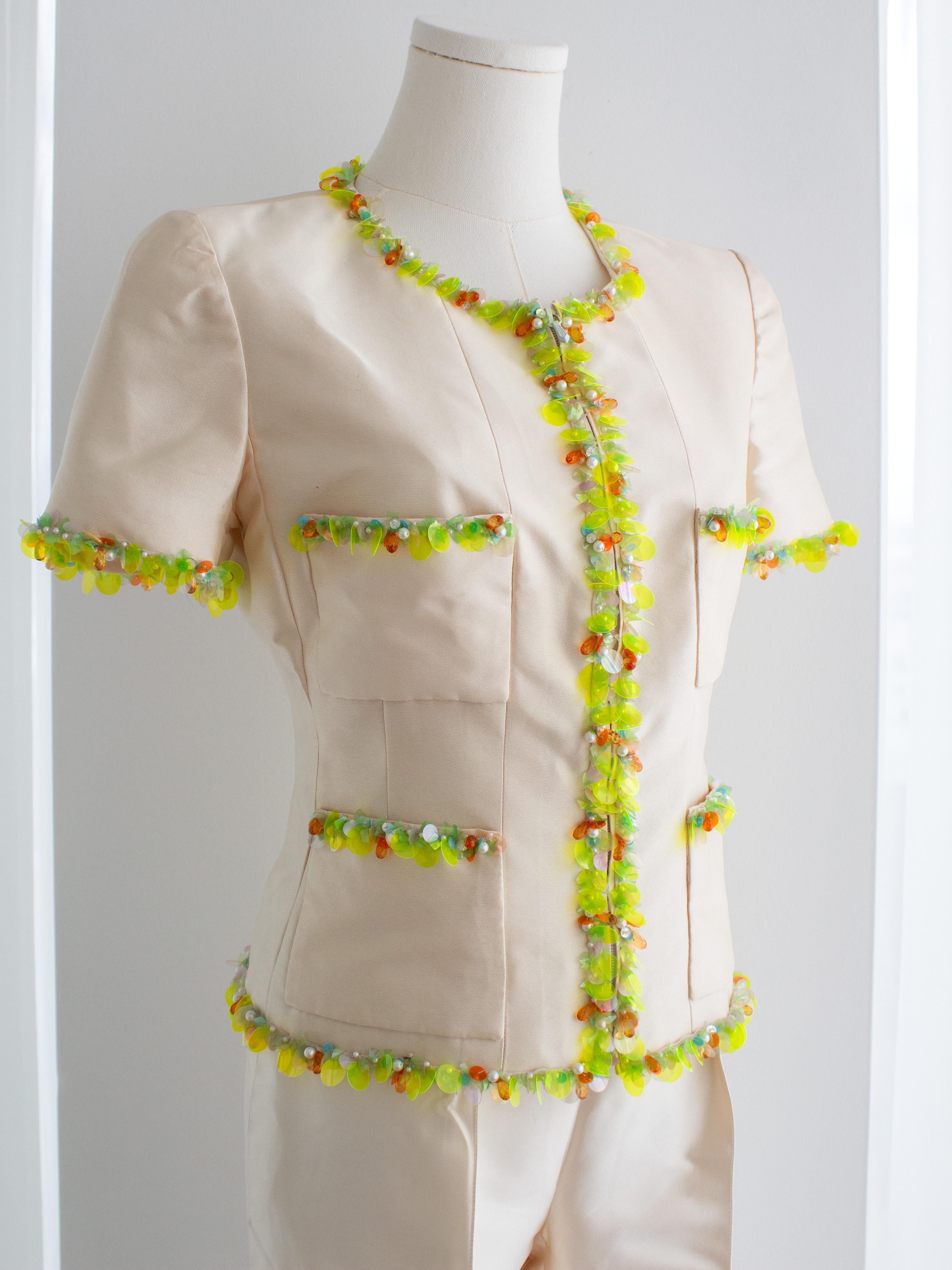 Chanel Vintage S/S1996 Ivory Shantung Silk Yellow Embellished 96P Jacket Suit 4