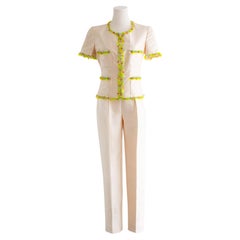 Chanel Vintage S/S1996 Ivory Shantung Silk Yellow Embellished 96P Jacket Suit