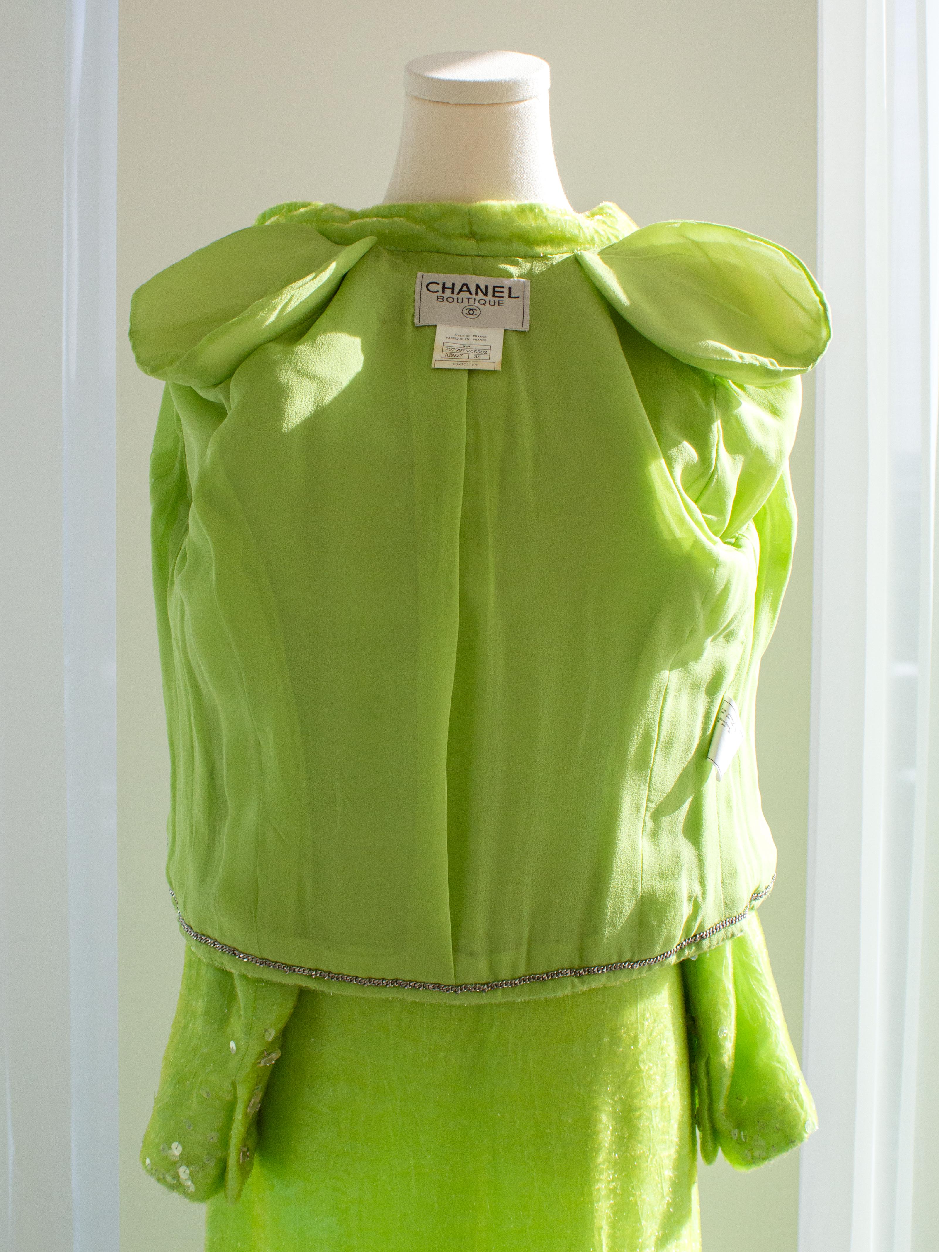 Chanel Vintage S/S1997 Green Sequin Embellished Velvet Dress Gown Jacket 97P Set For Sale 6