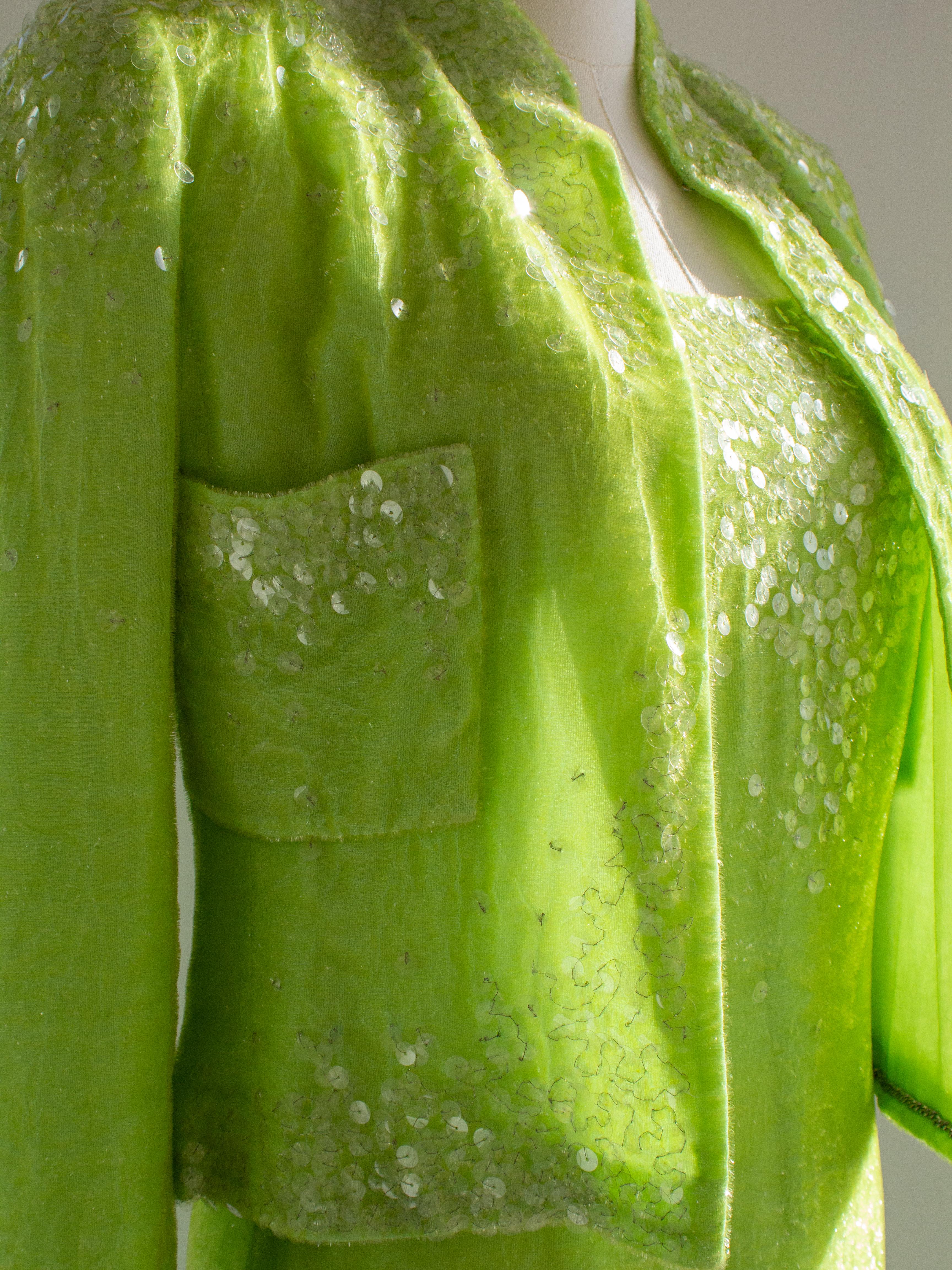Chanel Vintage S/S1997 Green Sequin Embellished Velvet Dress Gown Jacket 97P Set For Sale 4