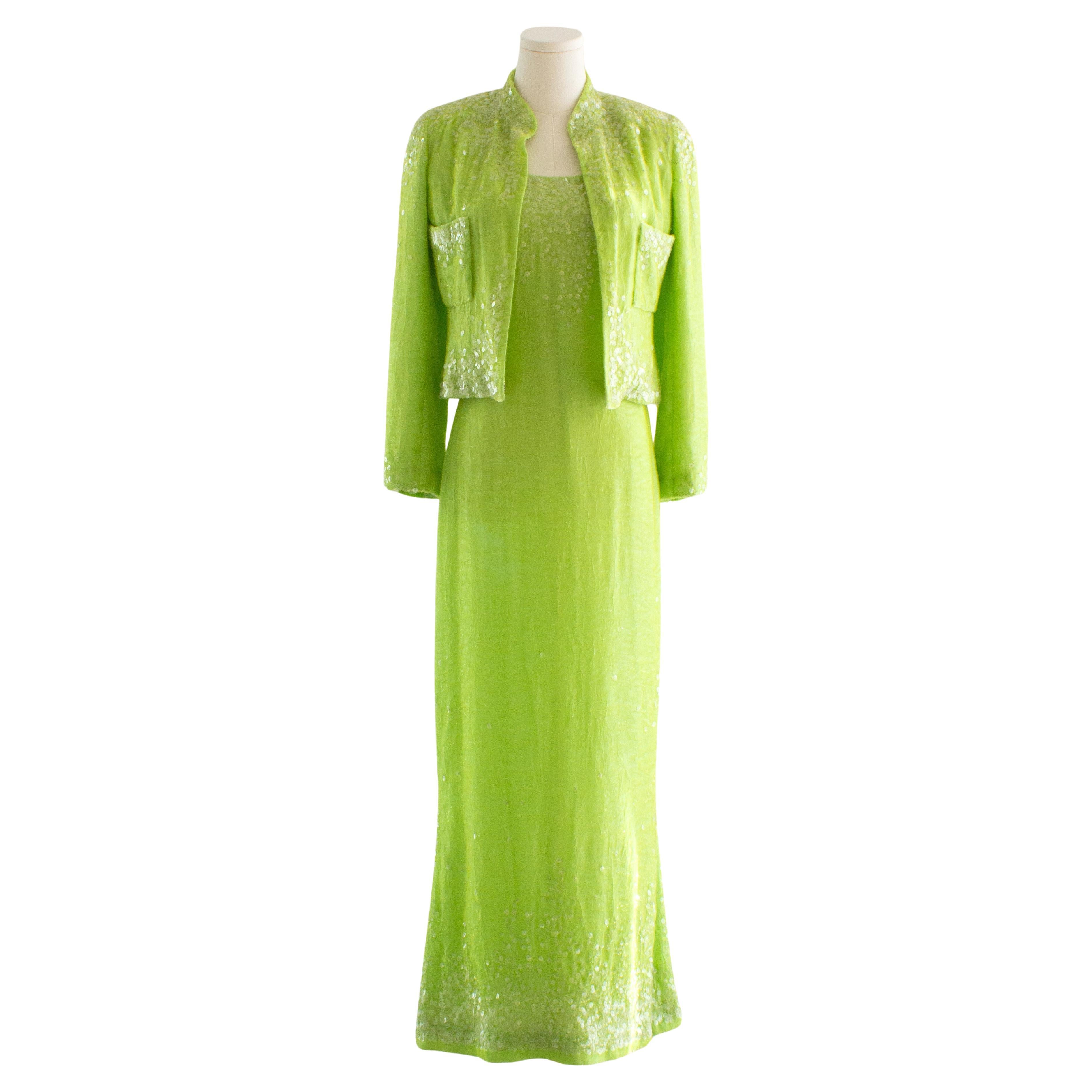 Chanel Vintage S/S1997 Green Sequin Embellished Velvet Dress Gown Jacket 97P Set For Sale