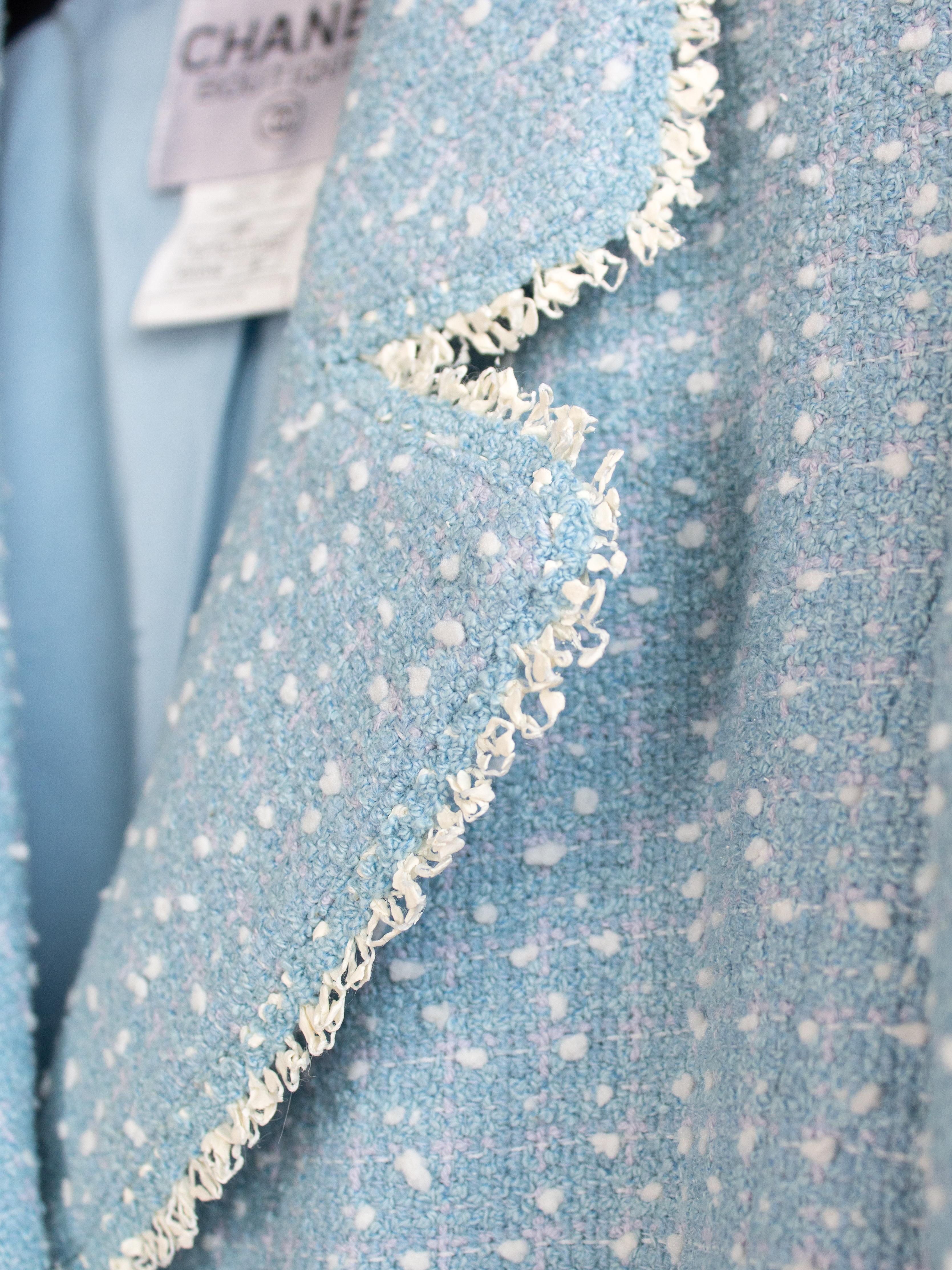 Chanel Vintage S/S1997 Light Blue White Princess Diana 97P Tweed Jacket Suit 10