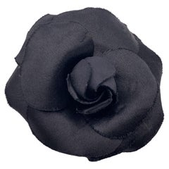 Chanel Vintage Satin Black Flower Brooch Pin Camelia Camellia