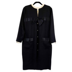 CHANEL Vintage Satin Layer Trim Bow Shift Wool Dress Black FR 40 / US 8