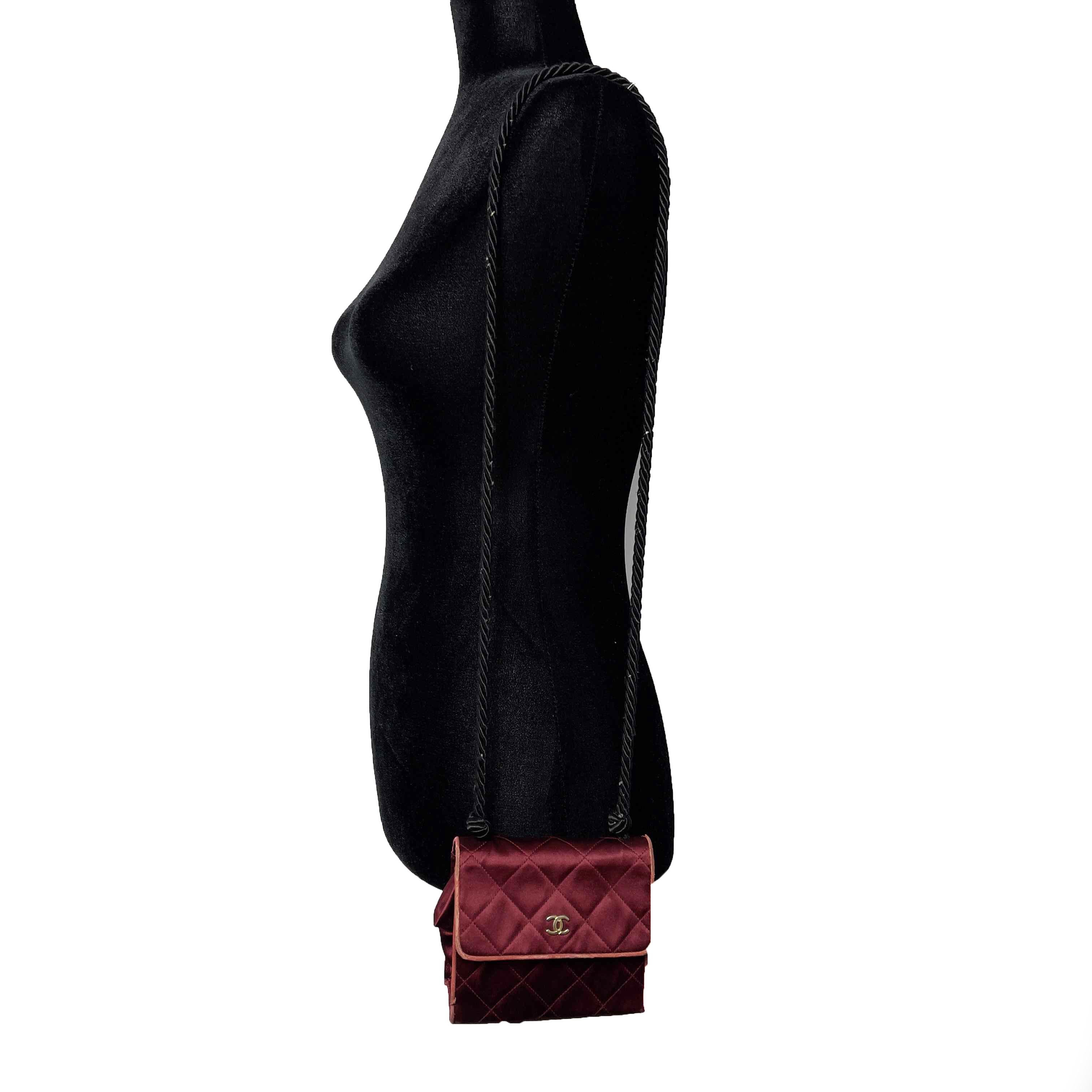 CHANEL Vintage Satin Quilted Rope Shoulder Crossbody Burgundy / Black 5
