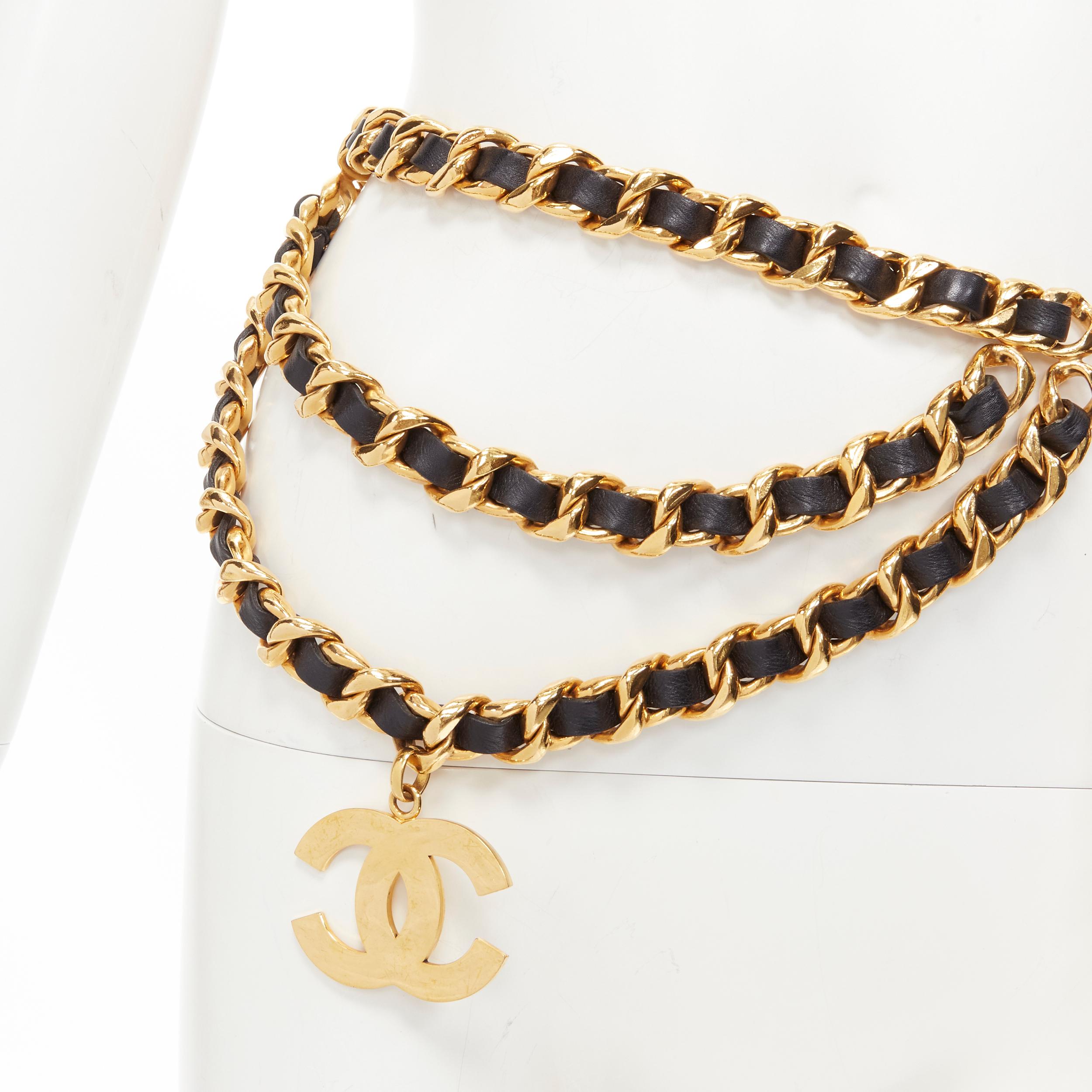 CHANEL Vintage Season 29 gold metal chain leather CC charm triple chain belt 
Reference: GIYG/A00216 
Brand: Chanel 
Designer: Karl Lagerfeld 
Collection: Season 29 
Material: Metal 
Color: Gold 
Pattern: Solid 
Closure: Hook 
Extra Detail: