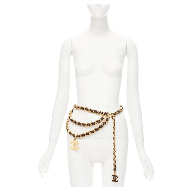 CHANEL Vintage Season 29 gold metal chain leather CC charm triple chain ...