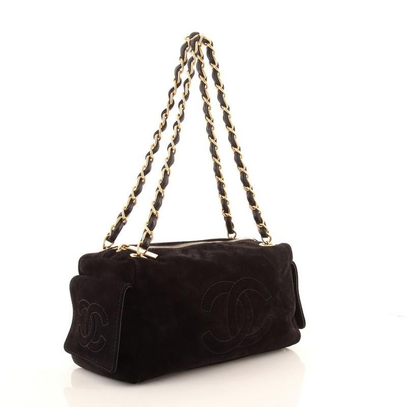 Black Chanel Vintage Side Pocket Chain Shoulder Bag Suede Medium