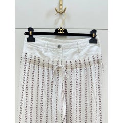 Chanel Vintage Silk Wide Leg Trousers Size 38 White Logo Print