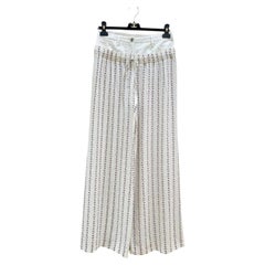 Chanel Vintage Silk Wide Leg Trousers Size 38 White Logo Print