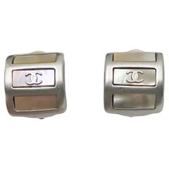 Chanel Retro Silver CC Baguette Mother of Pearl Clip on Earrings