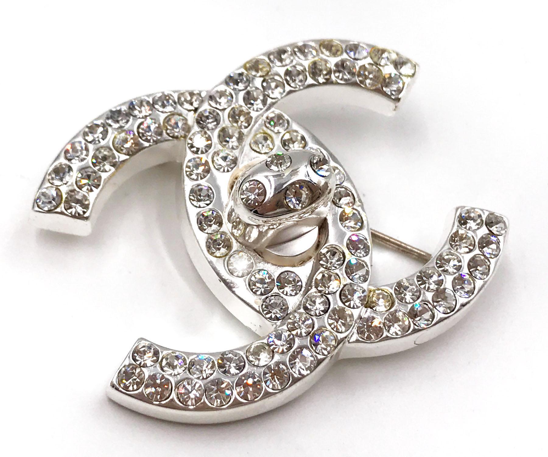 Artisan Chanel Vintage Silver CC Crystal Turnlock Brooch   For Sale