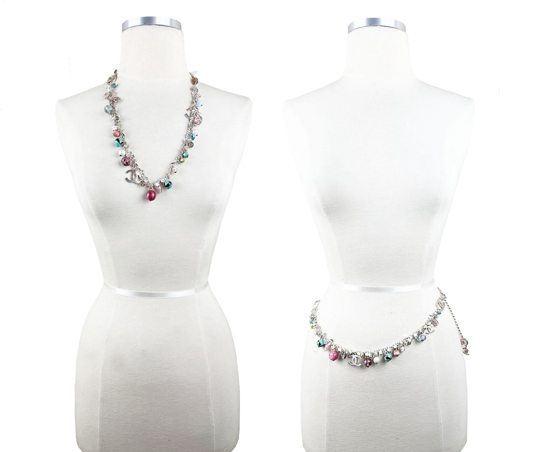 Artisan Chanel Vintage Silver CC Flower Bead Belt Necklace 