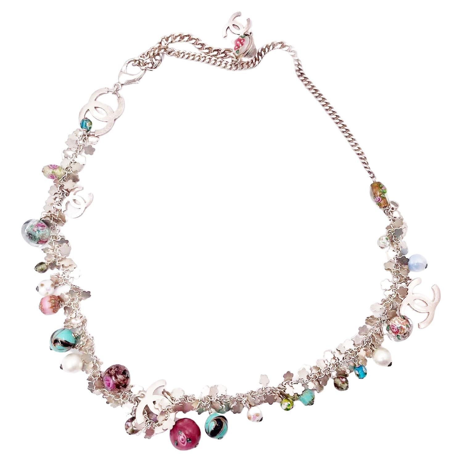 Chanel Vintage Silver CC Flower Bead Belt Necklace 