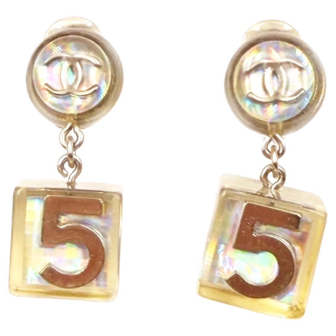 Chanel Vintage Silver CC Iridescent Dice 5 Dangle Clip on Earrings For Sale