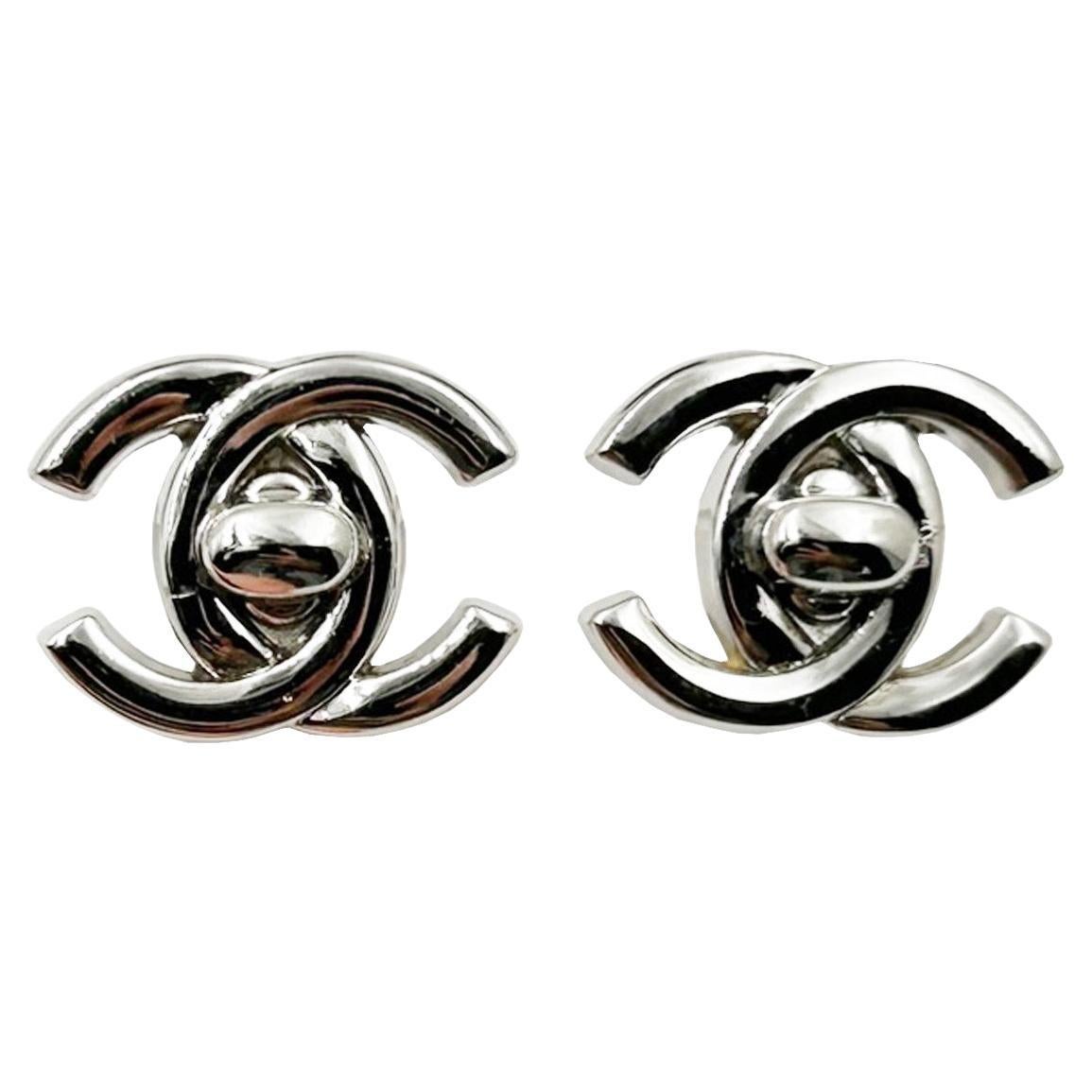 Chanel Vintage Silver CC Turnlock Clip on Earrings   For Sale