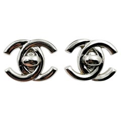 Chanel Vintage Silver CC Turnlock Clip on Earrings  