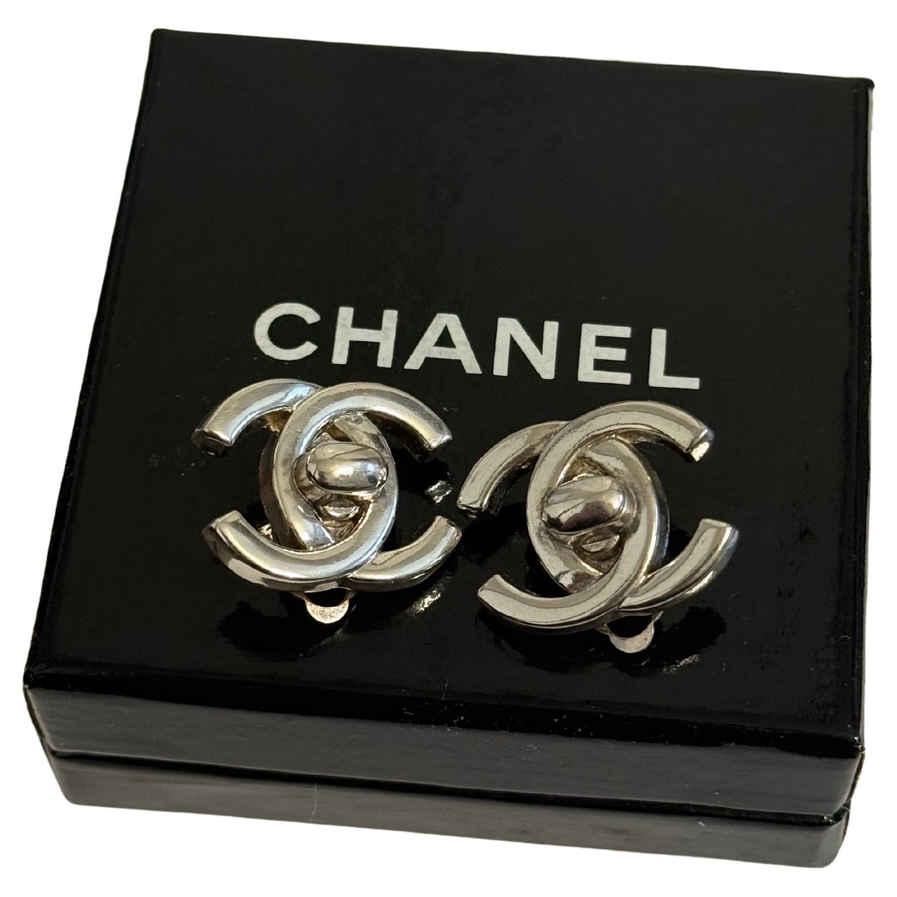 CHANEL Vintage Silver CC Turnlock Clip On Earrings