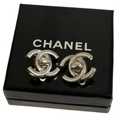 CHANEL Vintage Silver CC Turnlock Clip On Earrings